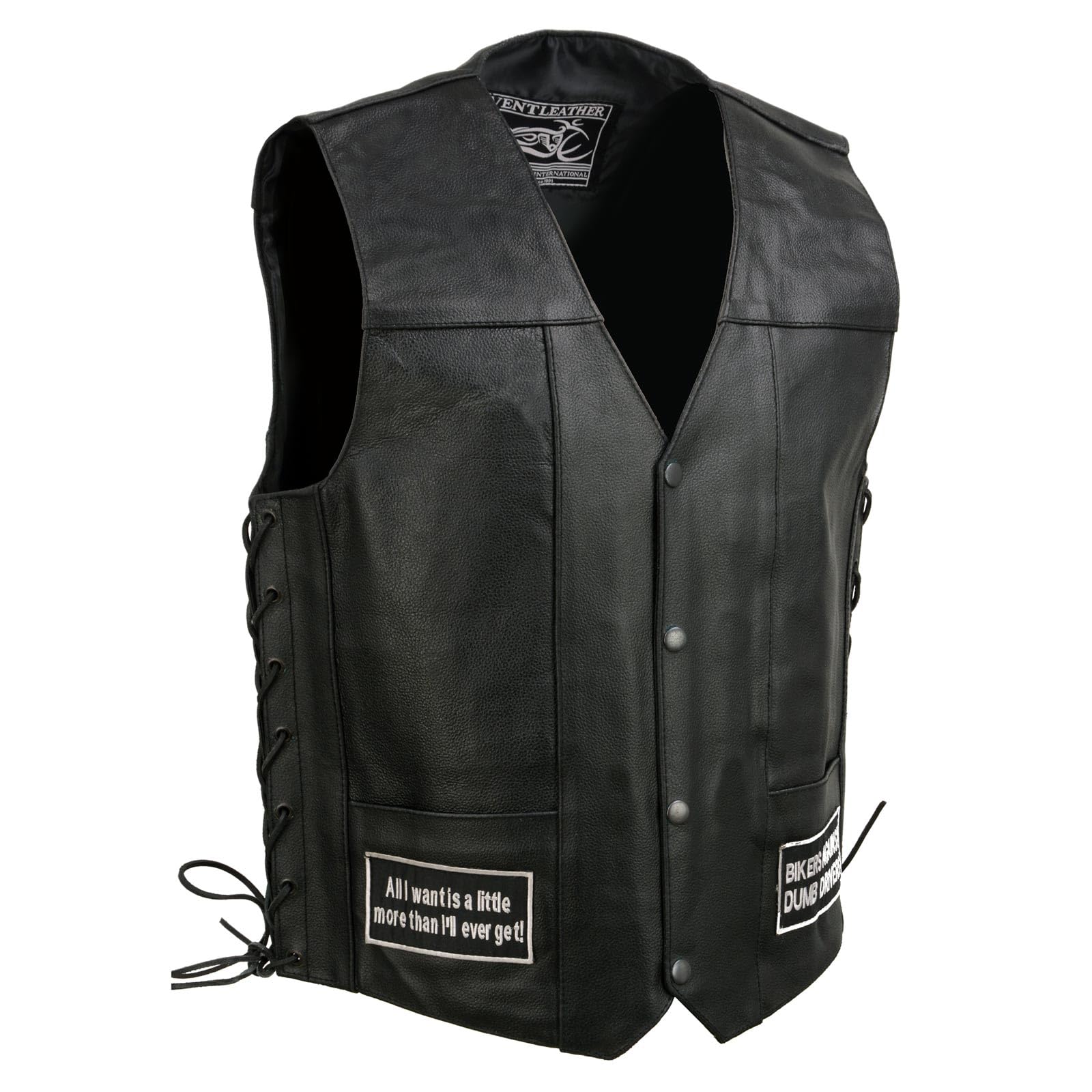 Men's Black Leather Motorcycle Vest w/Patches - Riding Club Gear for Bikers