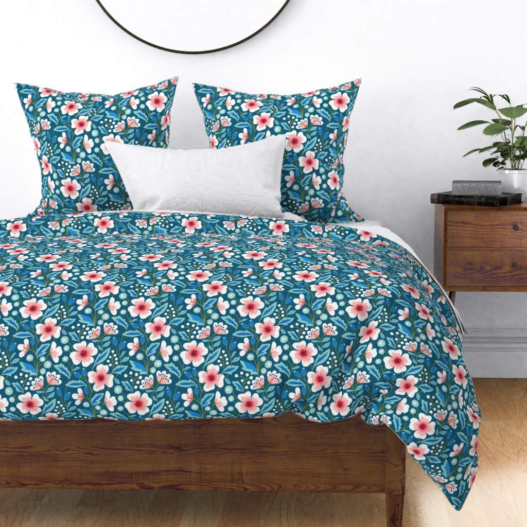 Premium Spoonflower Cotton Sateen Duvet Cover King/California King - Vibrant Pink & Blue Floral Botanical Print Custom Bedding Set | Perfect for Spring Decor, Nursery, Garden-Themed Bedroom & Cozy Kitchen Aesthetics