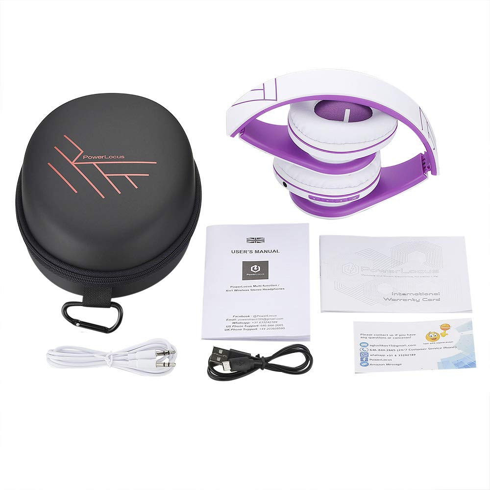 PowerLocus Bluetooth Over-Ear Headphones - Wireless & Wired Stereo Headset with Built-in Mic, Foldable Design, Micro SD/TF & FM Radio - Compatible with iPhone, Samsung, iPad, PC (White/Violet) - Perfect for Travel, Workouts & Home Entertainment