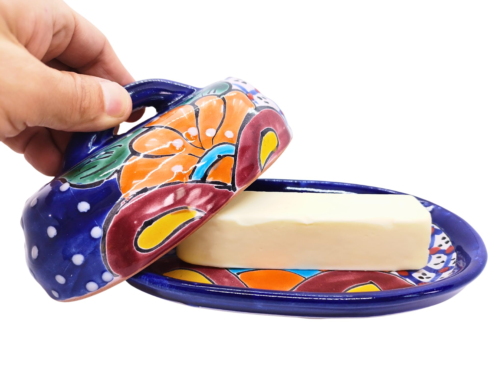 Hand-Painted Authentic Mexican Talavera Ceramic Butter Dish with Lid - Floral Design Kitchen Decor for Dining Table & Breakfast Buffet (Blue)