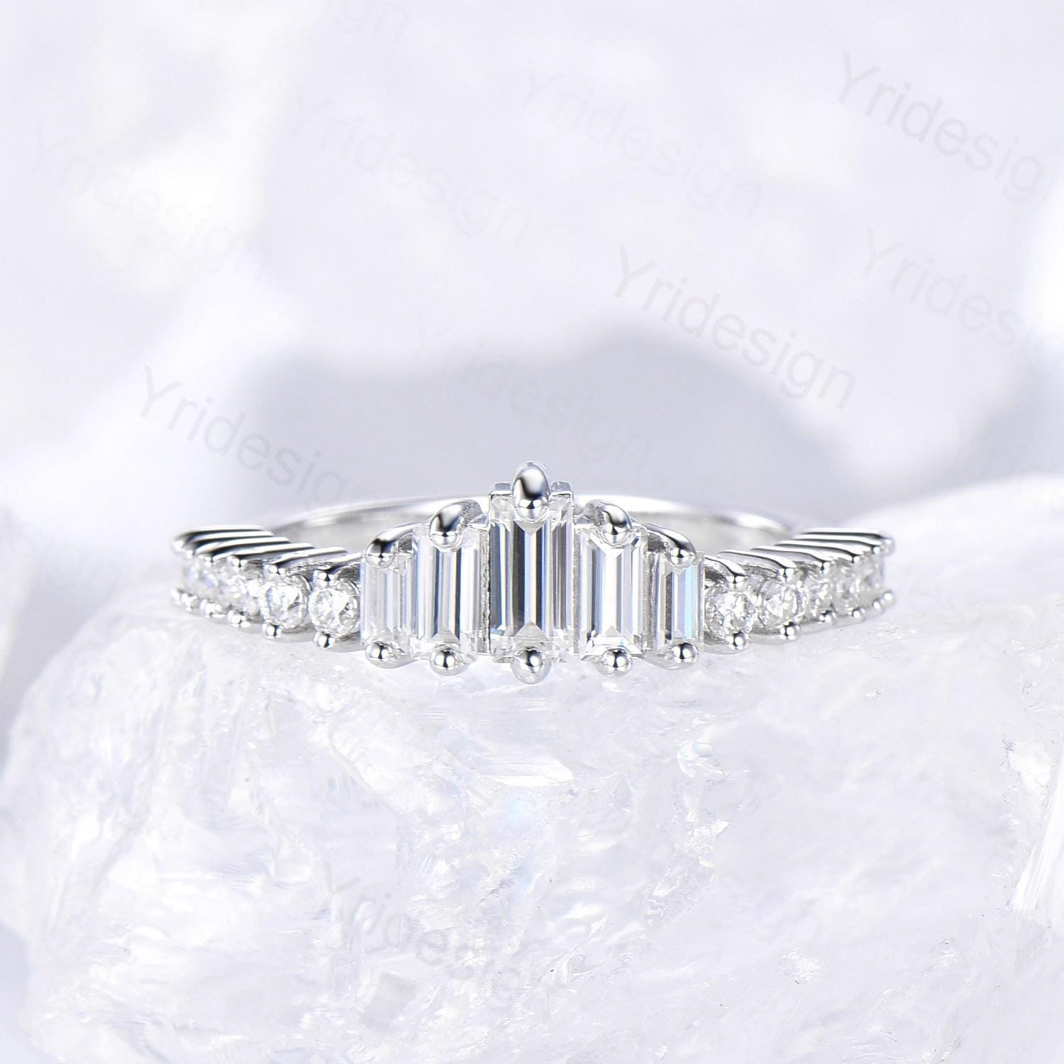 Baguette Cut Moissanite Wedding Band in White Gold or Platinum - Diamond Anniversary Gift for Women, Matching Stacking Ring, Art Deco Promise Band - Perfect for Engagement, Wedding, Anniversary & Special Occasions
