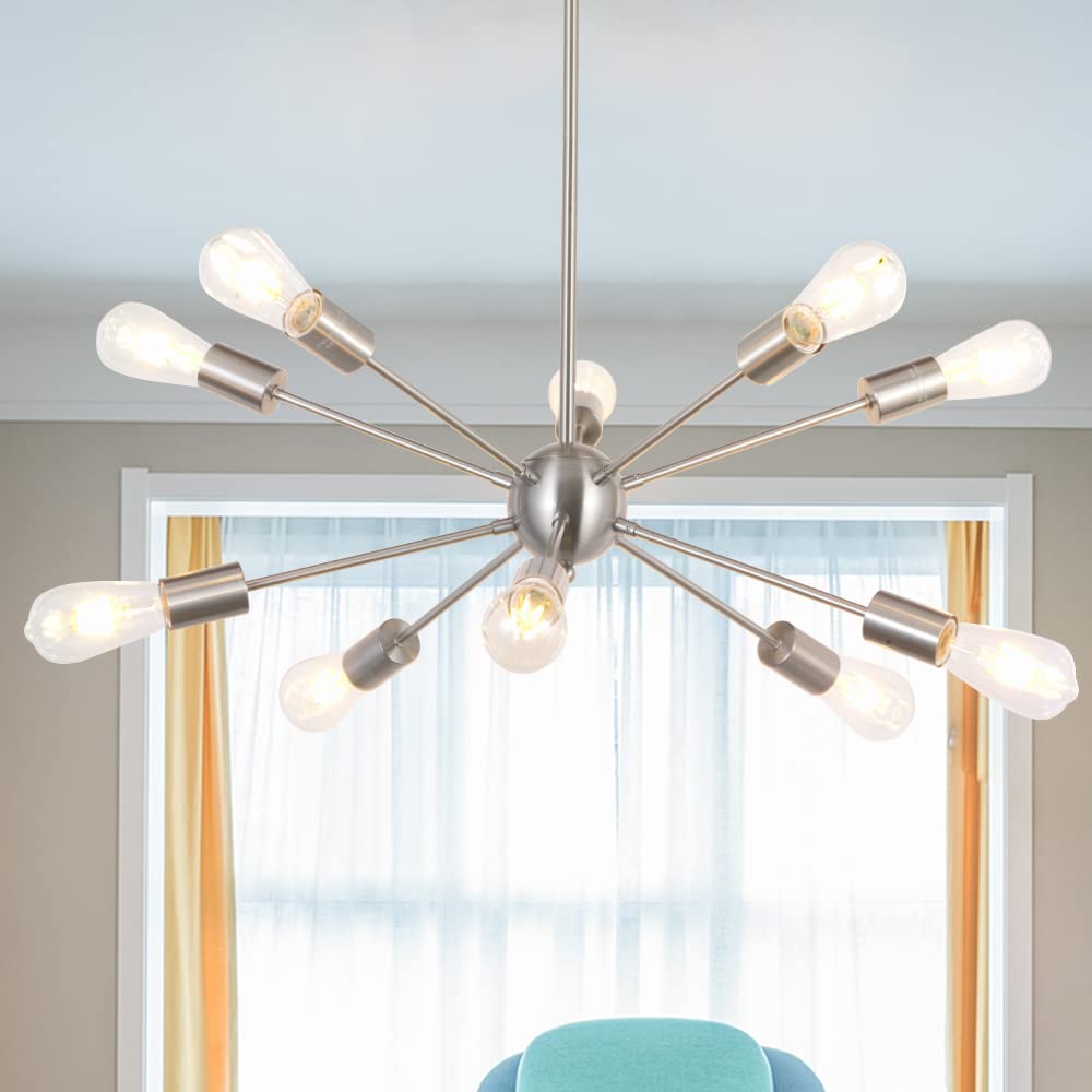 BONLICHT 10-Light Sputnik Chandelier - Modern Starburst Ceiling Light Fixture in Brushed Nickel - Mid Century Pendant Lighting for Kitchen, Dining Room, Living Room & Entryway - Perfect for Contemporary Home Decor and Entertaining Spaces