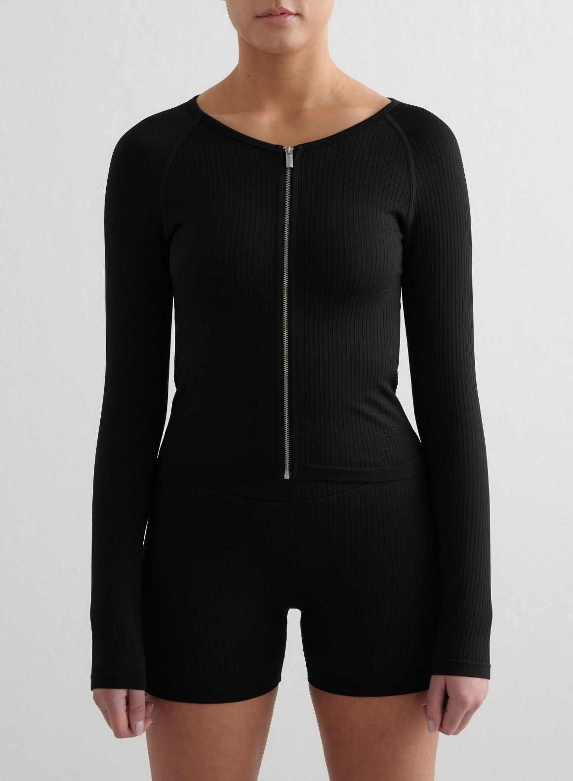 Black Ribbed Seamless Zip Jacket for Women - Stylish Slim Fit Fleece Lined Winter Coat - Perfect for Outdoor Activities, Workouts & Casual Wear