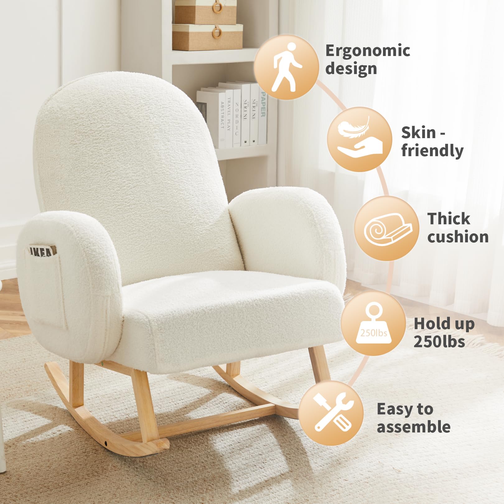 Comfortable Upholstered Rocking Chair with Side Pocket - Solid Rubber Wood Legs - Nursery Glider & Accent Chair for Living Room, Bedroom, Nursery - Perfect for Breastfeeding, Reading Nook & Relaxation