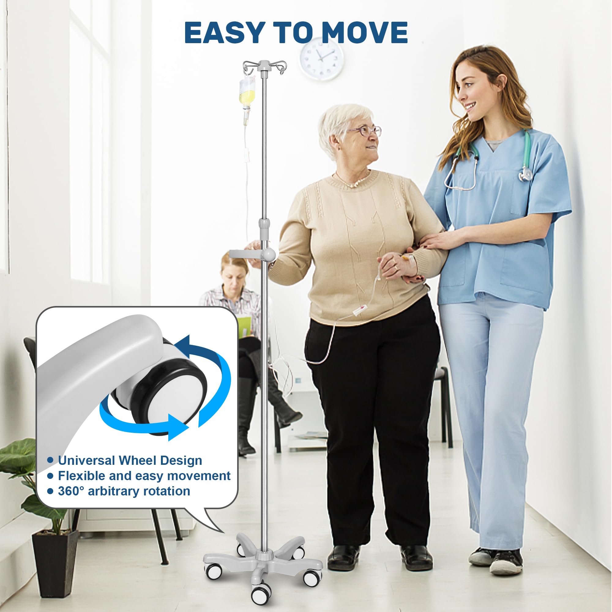 Portable IV Pole with Wheels - Adjustable Height IV Stand with 4 Hooks & 5 Caster Base, Removable IV Bag Holder - Medical Equipment for Home Care & Hospital Use (2 Pack) - Ideal for IV Therapy, Hydration Treatment & Patient Mobility Assistance