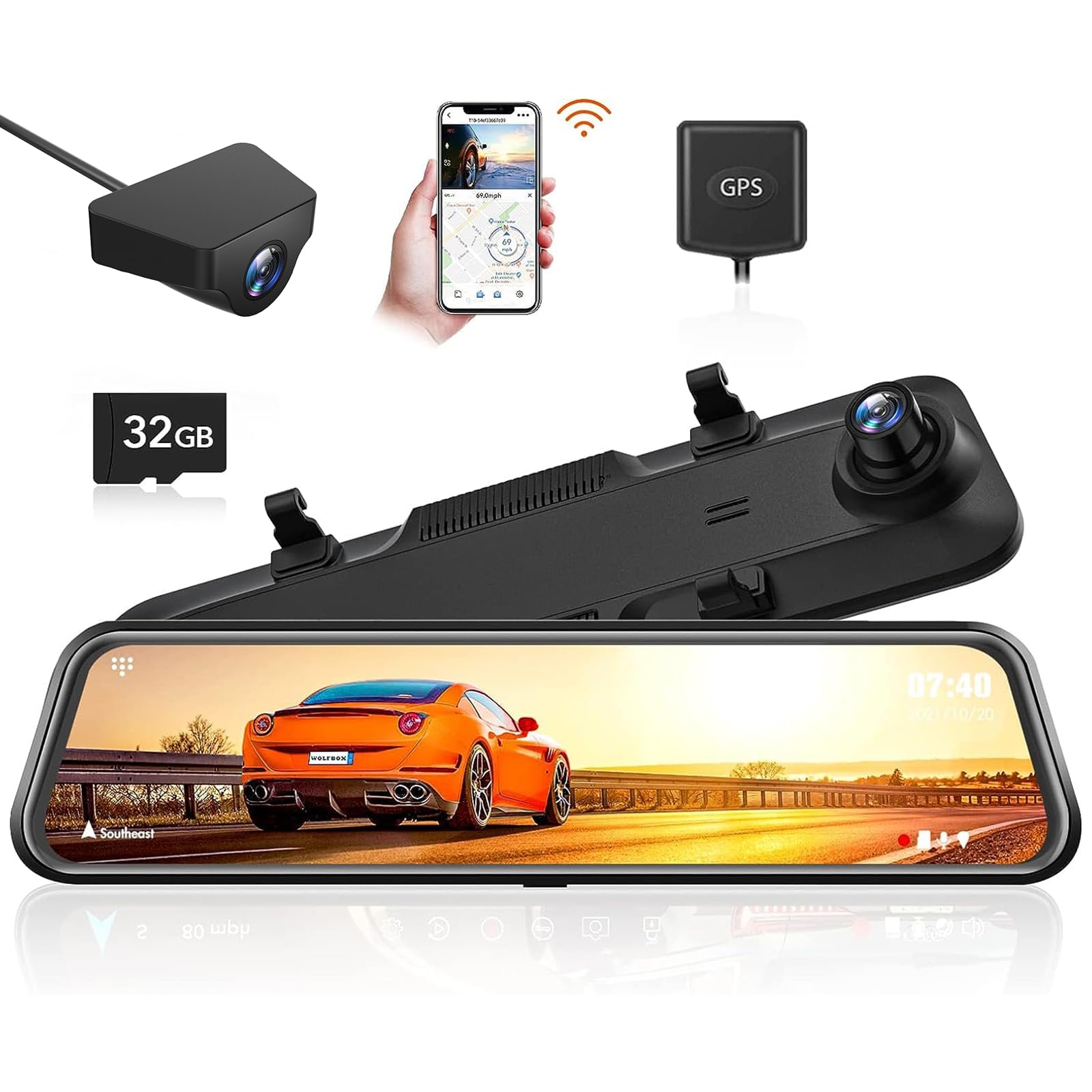 WOLFBOX 12'' WiFi Mirror Dash Cam with 2.5K Front & 1080P Rear Camera - Dual Channel Car DVR, Parking Monitor, Night Vision - Perfect for Uber/Lyft Drivers & Road Trips