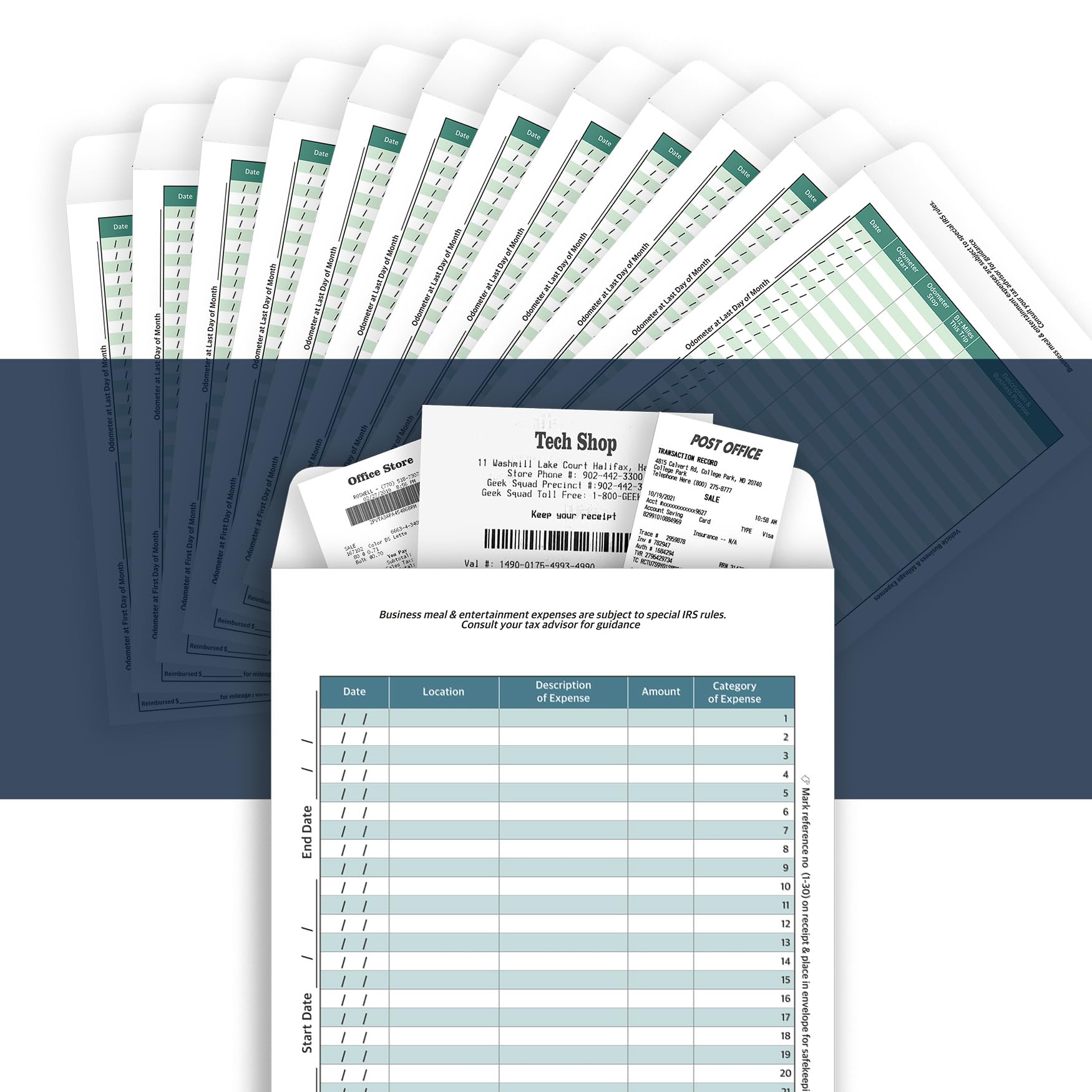 12-Pack Green Expense Envelopes - Receipt Organizer & Mileage Tracker for Business Expenses
