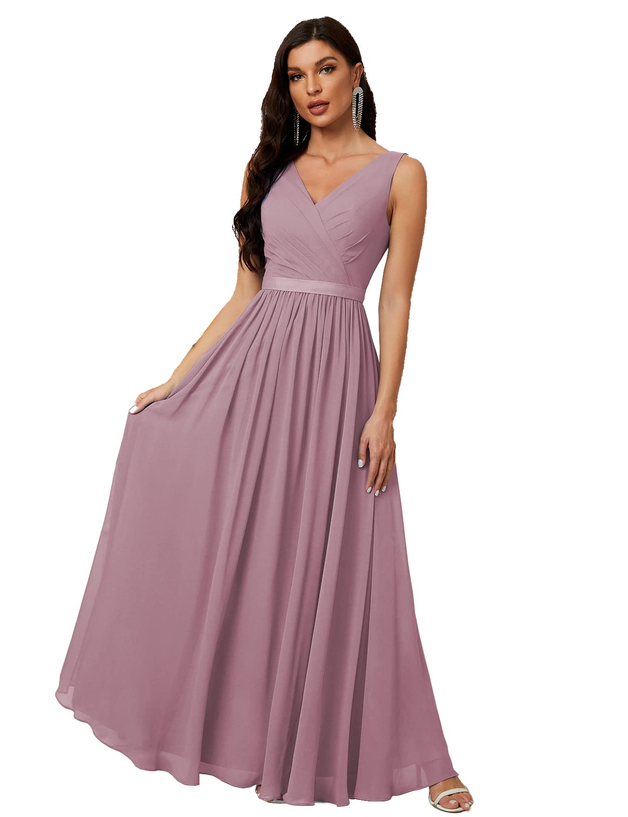 Elegant Chiffon Prom Gown - V-Neck Sleeveless Bridesmaid Dress for Evening Parties