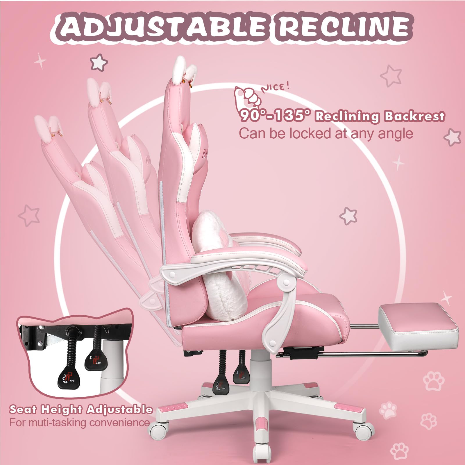 **PUKAMI Pink Gaming Chair with Cat Ears & Footrest - Ergonomic Reclining Computer Chair for Girls, Kawaii Cat Paw Cushion Included - Perfect for Gaming, Streaming, and Home Office**