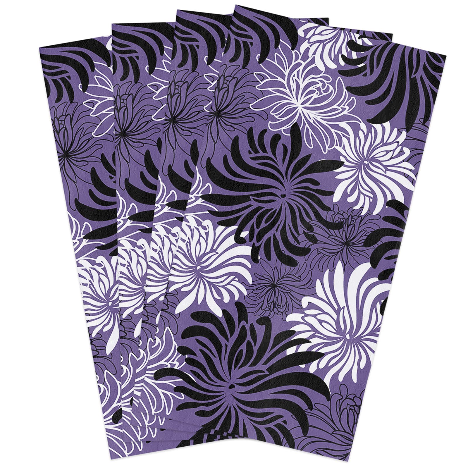 Premium Microfiber Dish Towels Set of 4 - Super Absorbent & Quick-Drying Kitchen Tea Towels (18x28 Inch) in Retro Black, White & Purple Patterns | Ideal for Dishes, Countertops & Bathroom Use