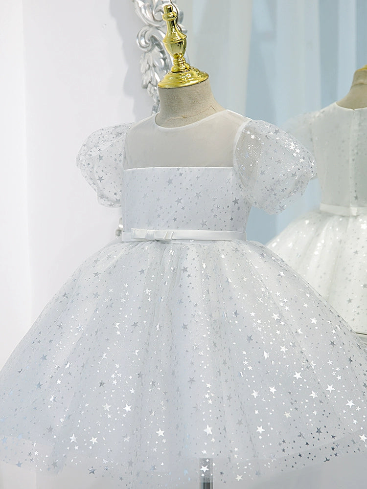 White Princess Round Tea Length Organza Flower Girl Dress - Perfect for Weddings, Bridal Showers & Special Occasions
