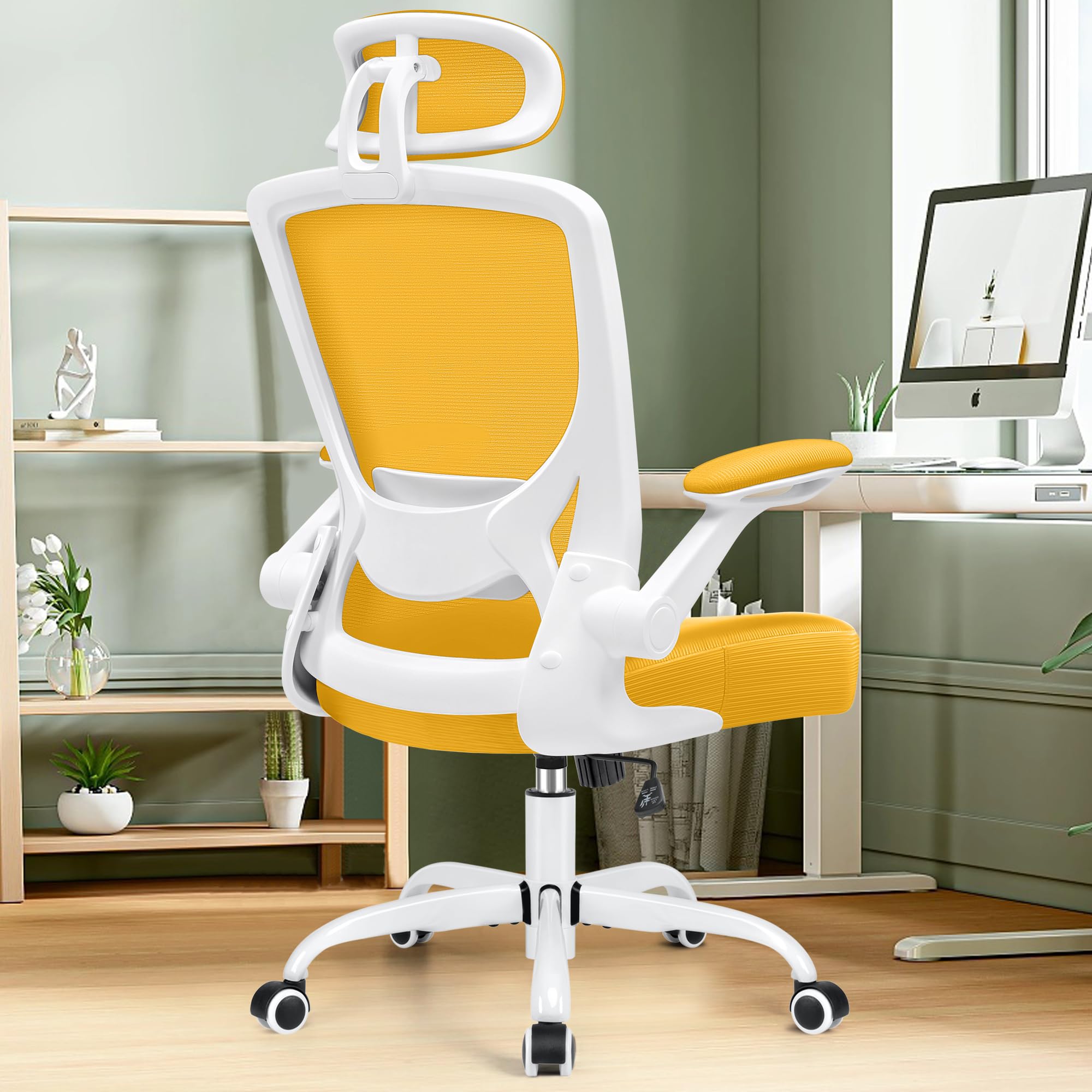 KERDOM Ergonomic Office Chair - Breathable Mesh Desk Chair with Lumbar Support, Adjustable Headrest & Flip-Up Arms - Swivel Task Chair & Height-Adjustable Gaming Chair in Yellow - Perfect for Home Office, Gaming Setup & Workspaces