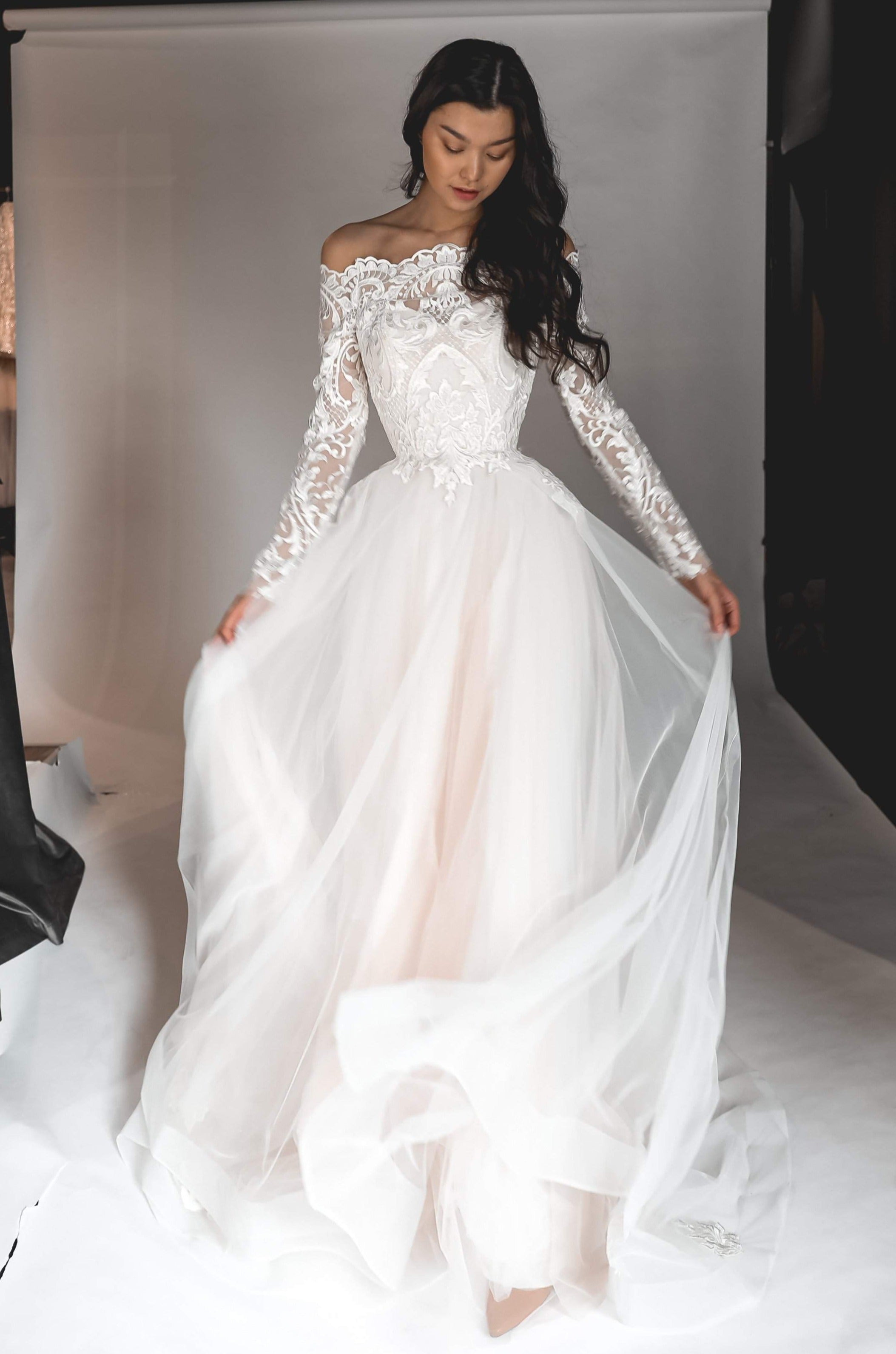 Elegant Long Sleeve Lace Wedding Gown - Viteria Bridal Dress for Church, Beach & Outdoor Ceremonies