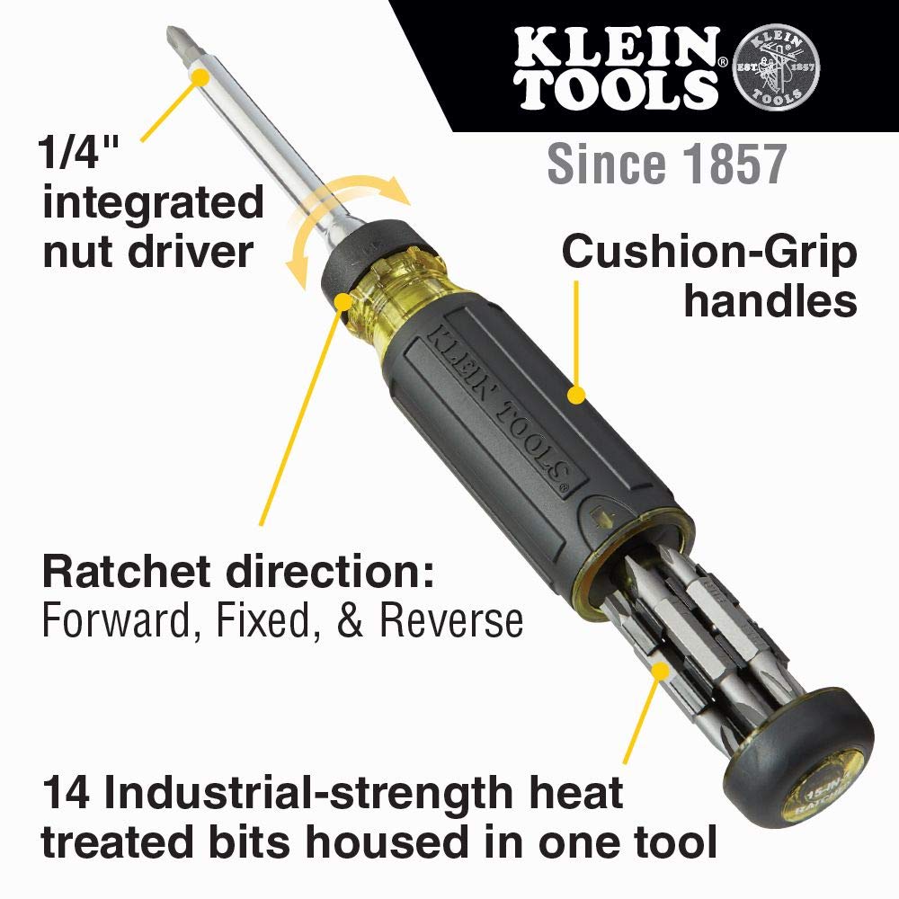 Klein Tools 14-in-1 Multi-Bit Ratcheting Screwdriver with 32303 Impact Rated Screwdriver/Nut Driver | Phillips, Slotted, Square, Torx Bits | Industrial-Strength Cushion-Grip Handle | Perfect for Home Repairs, DIY Projects & Professional Construction Work