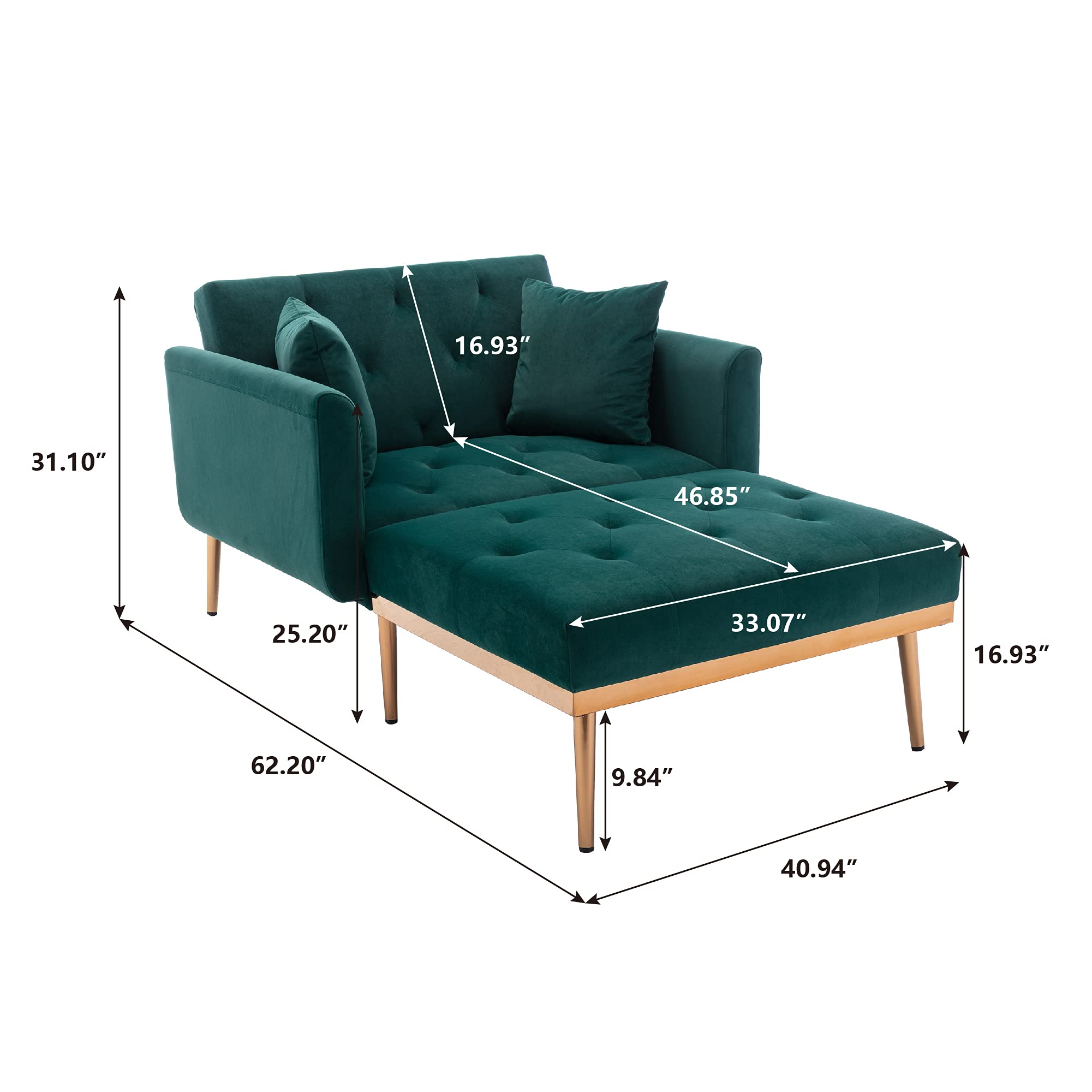 2 in 1 Chaise Lounge Chair Indoor & Convertible Sofa Bed - Modern Tufted Velvet Recliner with Rose Gold Metal Legs & 2 Pillows - Perfect for Living Room, Bedroom, Apartment & Small Space Relaxation
