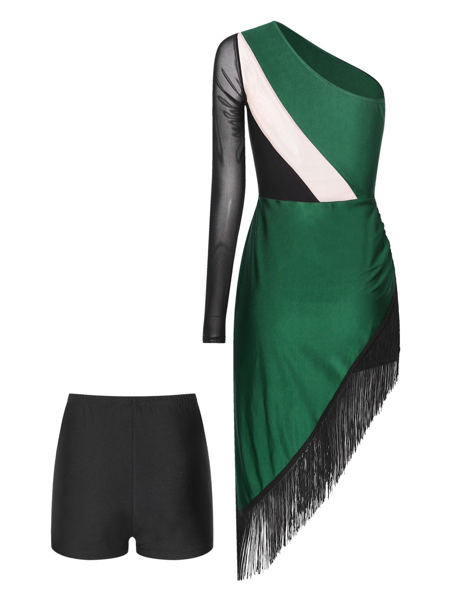 FEESHOW Women's Latin Dance Dress with Fringe & Irregular Hem - Ballroom Tango Salsa Performance Costume with Built-in Shorts | Perfect for Dance Competitions, Performances & Practice