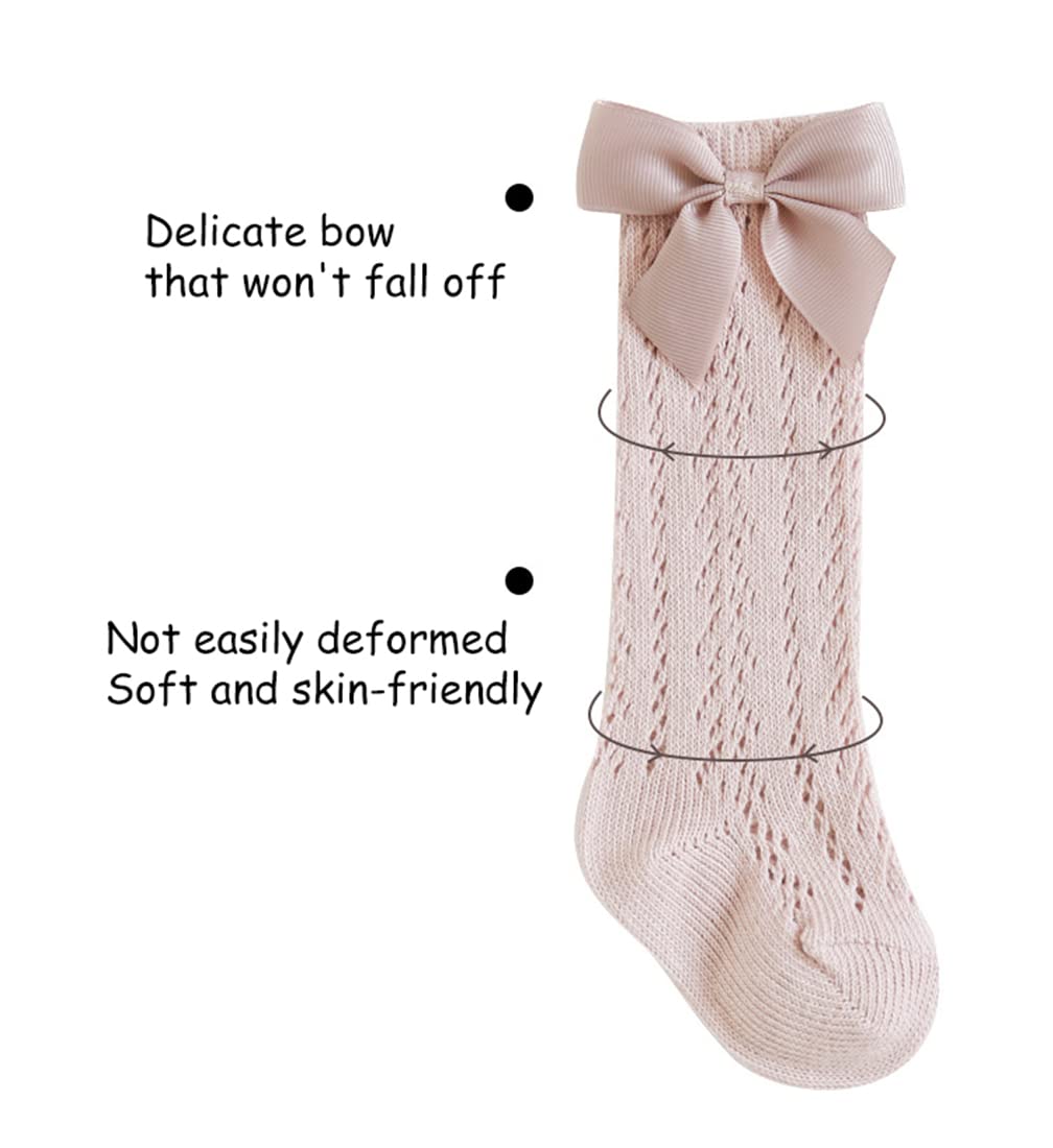 Baby Girl Knee High Socks with Bowknot - Thin Mesh Stockings for Infant & Toddler - Pointelle Princess Dress Socks (5 Pairs) - Perfect for Birthday Parties, Photo Shoots & Special Occasions