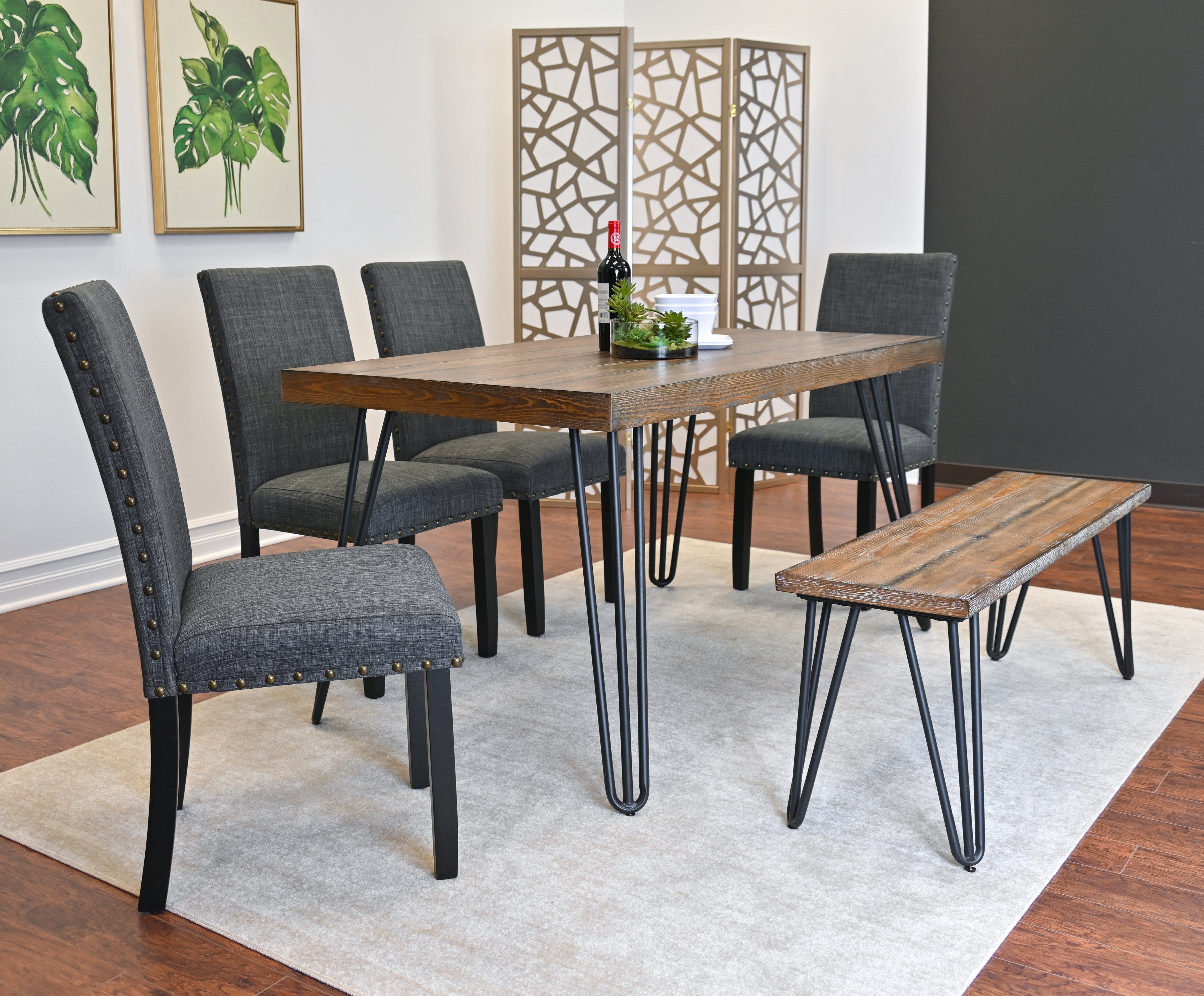 Roundhill Furniture Amisos 6-Piece Dining Set - Hairpin Leg Dining Table with 4 Chairs & Wooden Bench | Modern Kitchen & Dining Room Furniture for Small Spaces