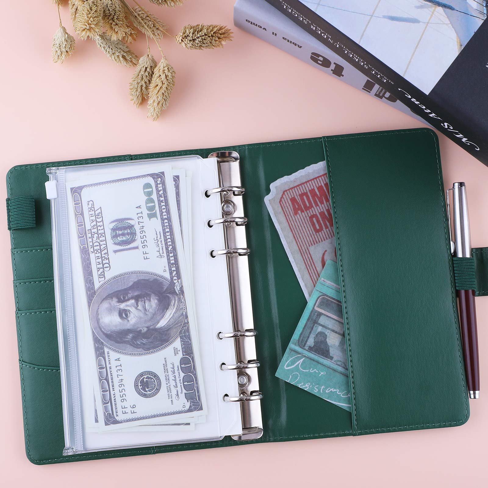Antner A6 PU Leather Notebook Binder - Dark Green with 12pcs A6 6-Hole Binder Pockets | Premium Organizer for School, Office & Travel | Perfect for Notes, Planners & Document Storage