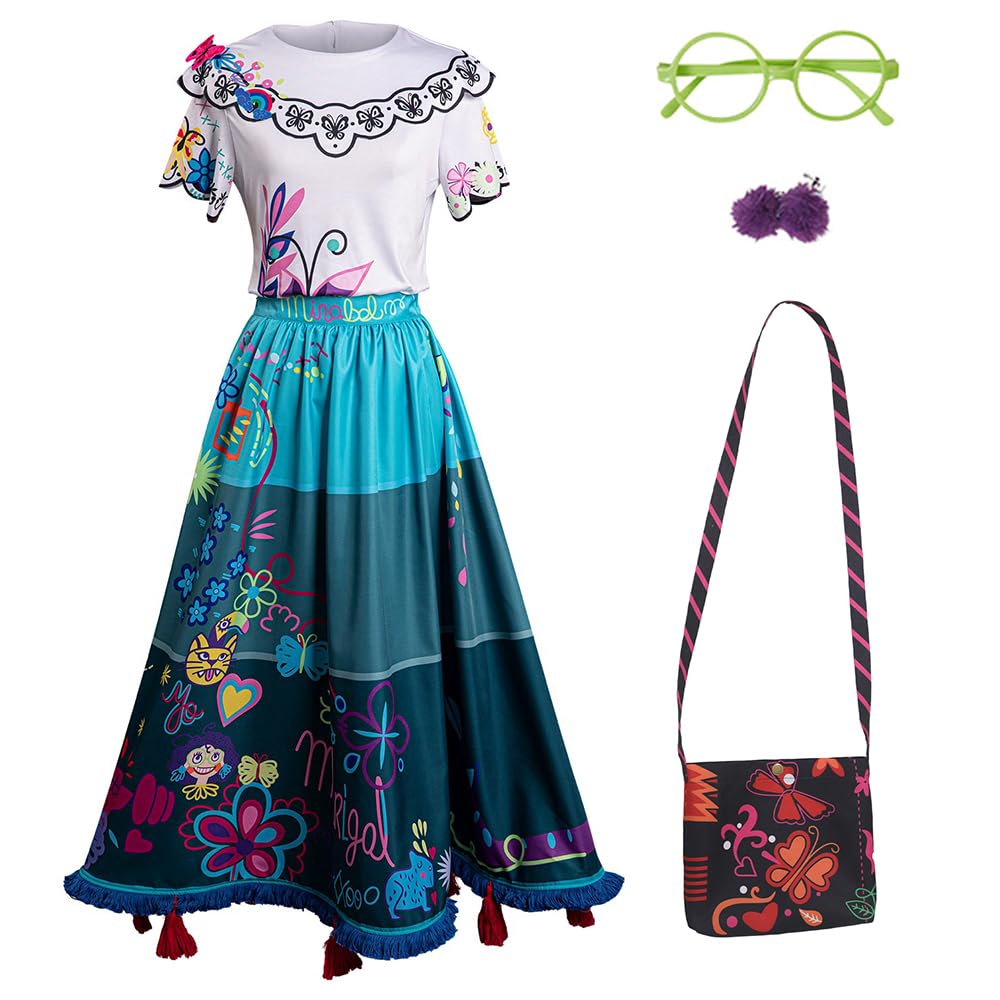 Vintage Floral Embroidered Swing Dress for Women - Retro Costume Cosplay Outfit with Glasses & Earrings - Perfect for Halloween, Themed Parties, and Photo Shoots