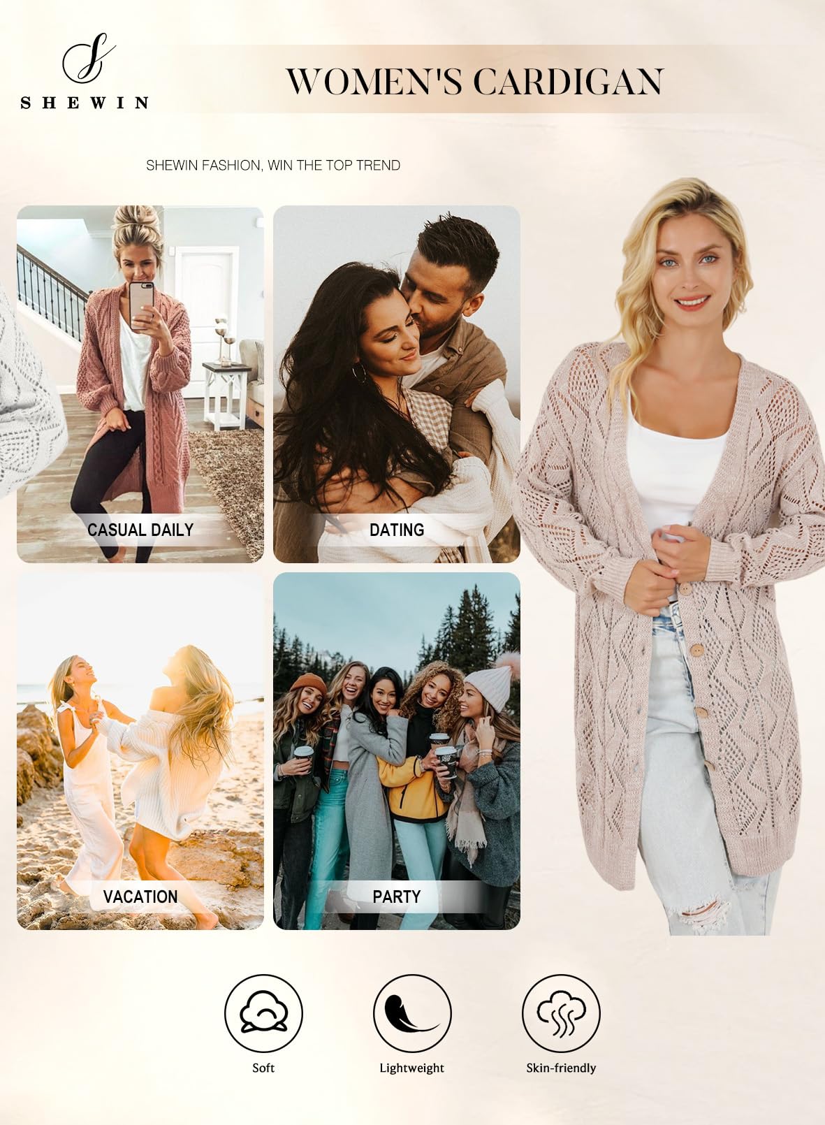 Stylish SHEWIN Women's Lightweight Crochet Cardigan Sweater - Long Sleeve Open Front Casual Knitwear for Spring & Fall | Perfect for Office, Date Night & Weekend Outings