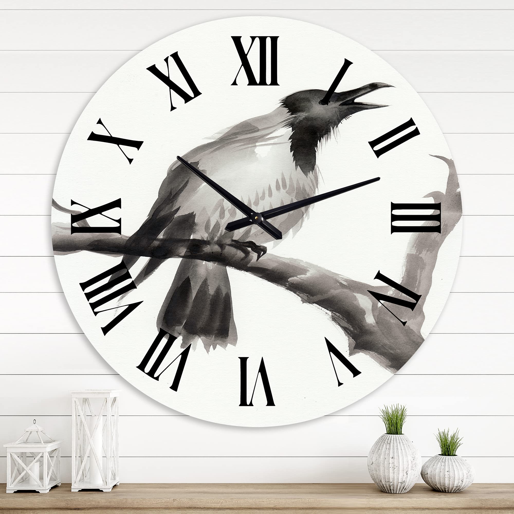 DesignQ Traditional Large Wall Clock - Crying Crow on Branch Animal Theme for Living Room, Bedroom, Office Decor | Silent Non-Ticking Home Wall Art