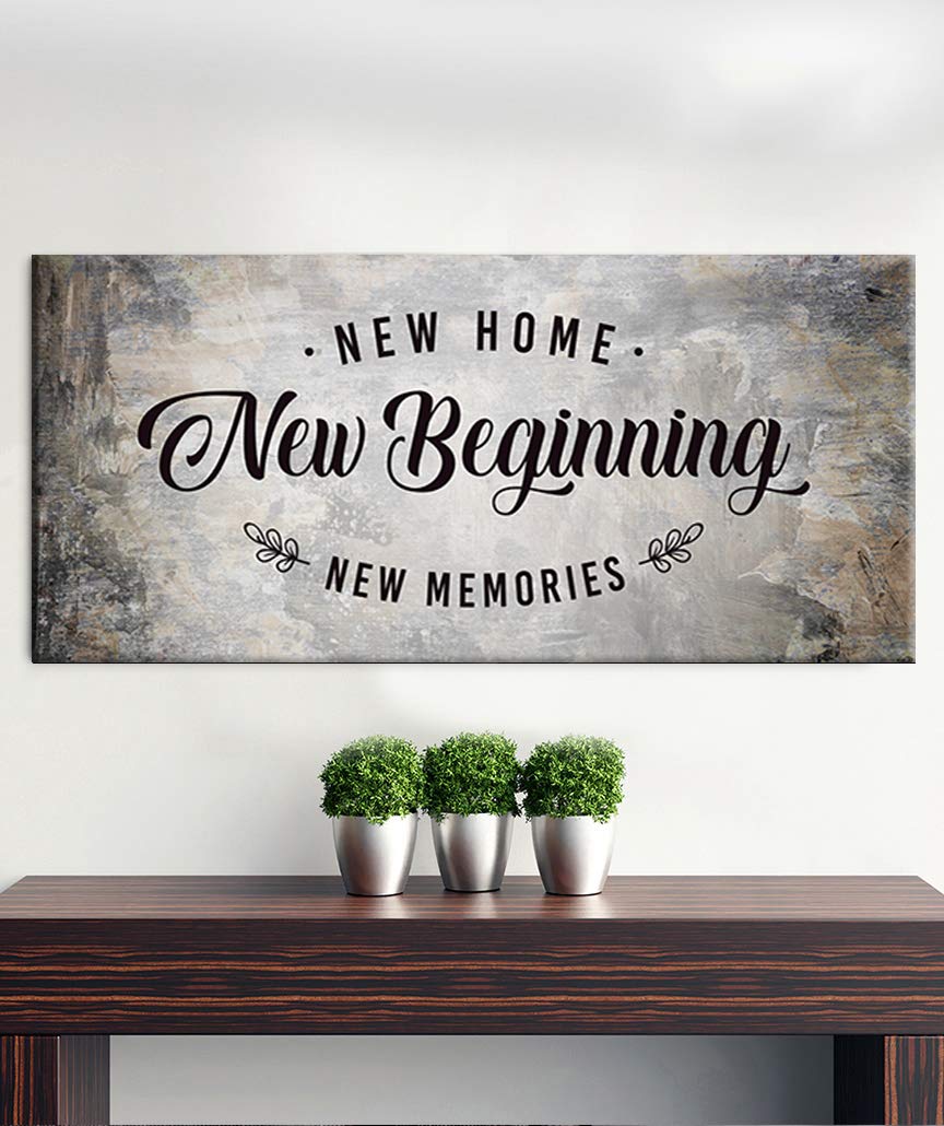 New Home New Beginning Quote Wood Framed Canvas - Rustic Housewarming Gift & Living Room Wall Decor - Brown 60x27 - Perfect for Home Decor, Wedding Gifts & Farmhouse Style Interiors