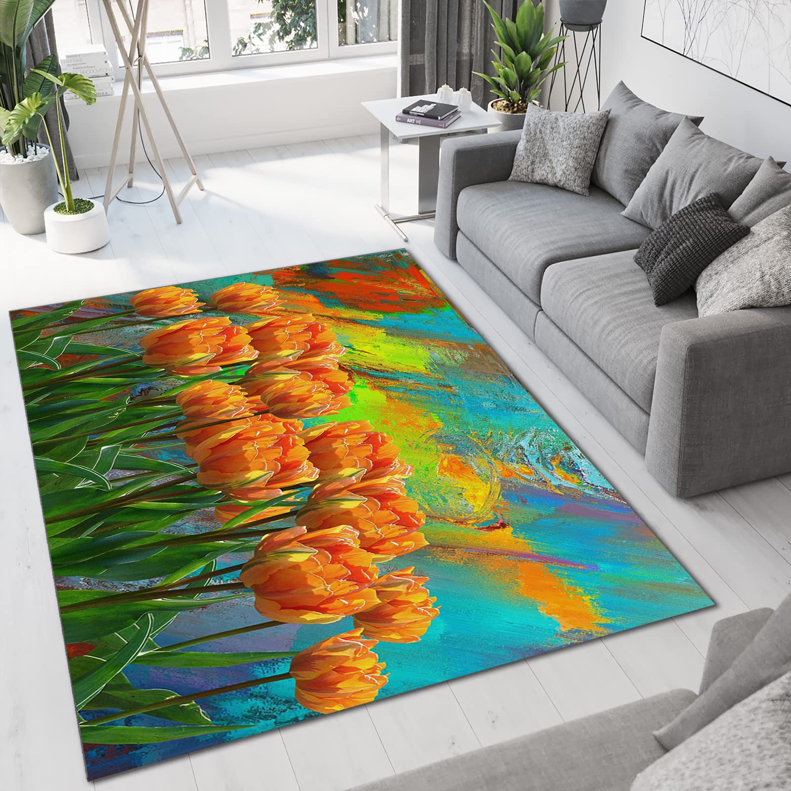 Stunning Tulip Oil Painting Area Rug - 5x6ft Non-Slip Washable Breathable Rug for Living Room, Bedroom, Office | Perfect for Home Decor, Dining Area & Study Space