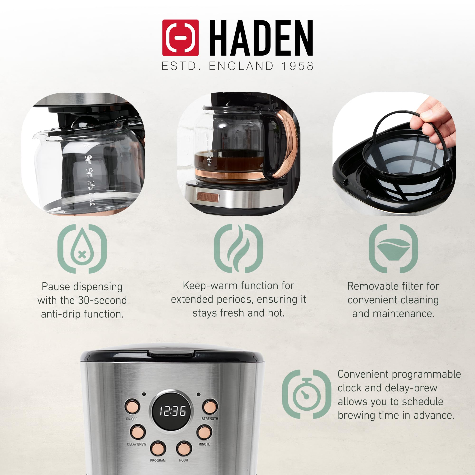Haden 12 Cup Programmable Drip Coffee Maker with Auto Shut-Off & Reusable Filter - Stainless Steel & Copper Finish - Perfect for Home, Office or Restaurant Use