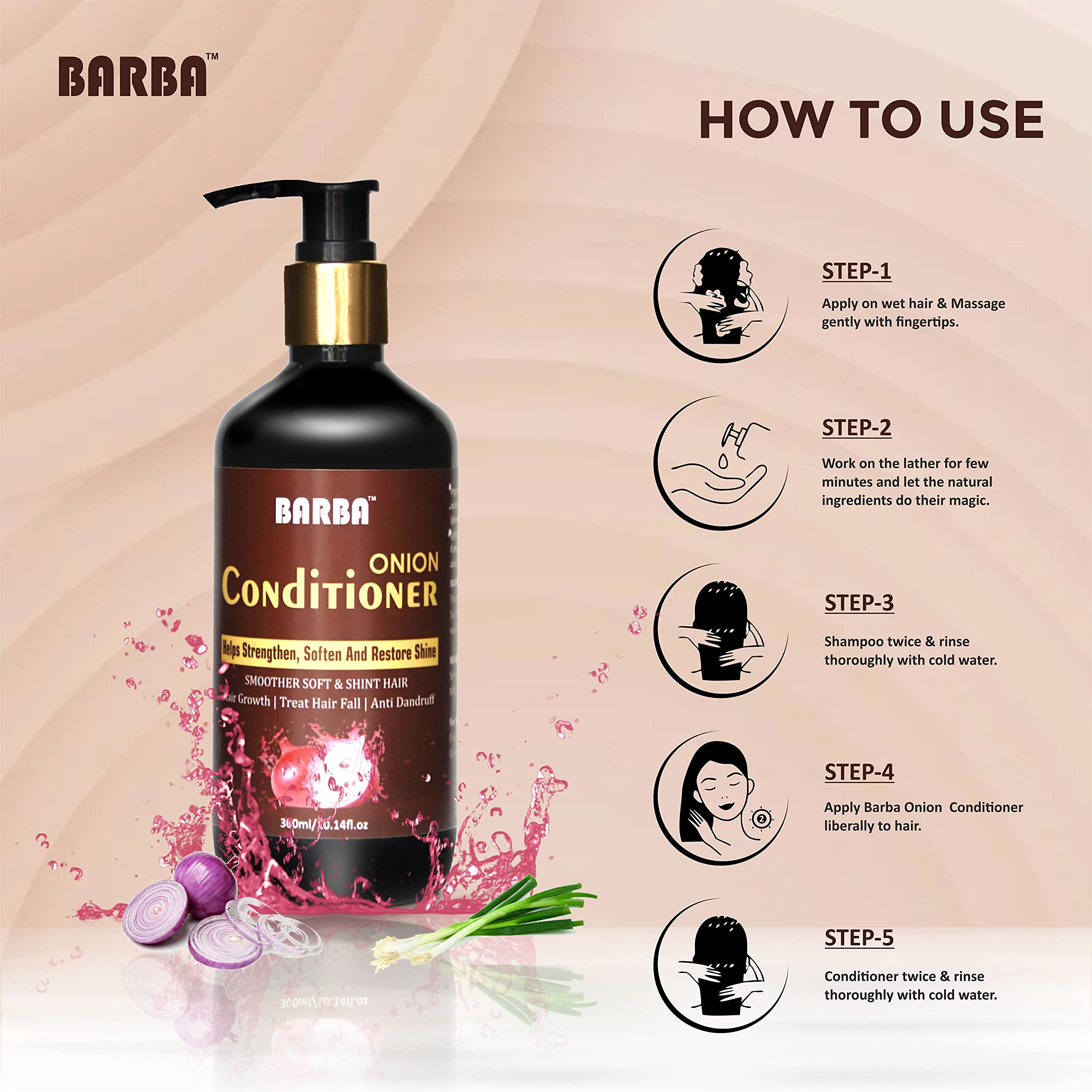 Barba Red Onion Hair Conditioner 300ml - Strengthens, Softens & Restores Shine for Women & Men - Ideal for Damaged, Dry & Frizzy Hair Care at Home or Salon