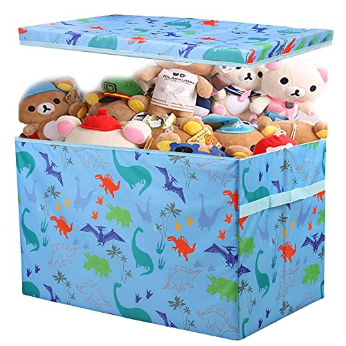 Dinosaur-Themed Kids Toy Storage Box with Lid - Collapsible & Sturdy Organizer Bin with Handles for Nursery, Playroom, Closet - Perfect for Home Organization & Toy Cleanup (Blue)