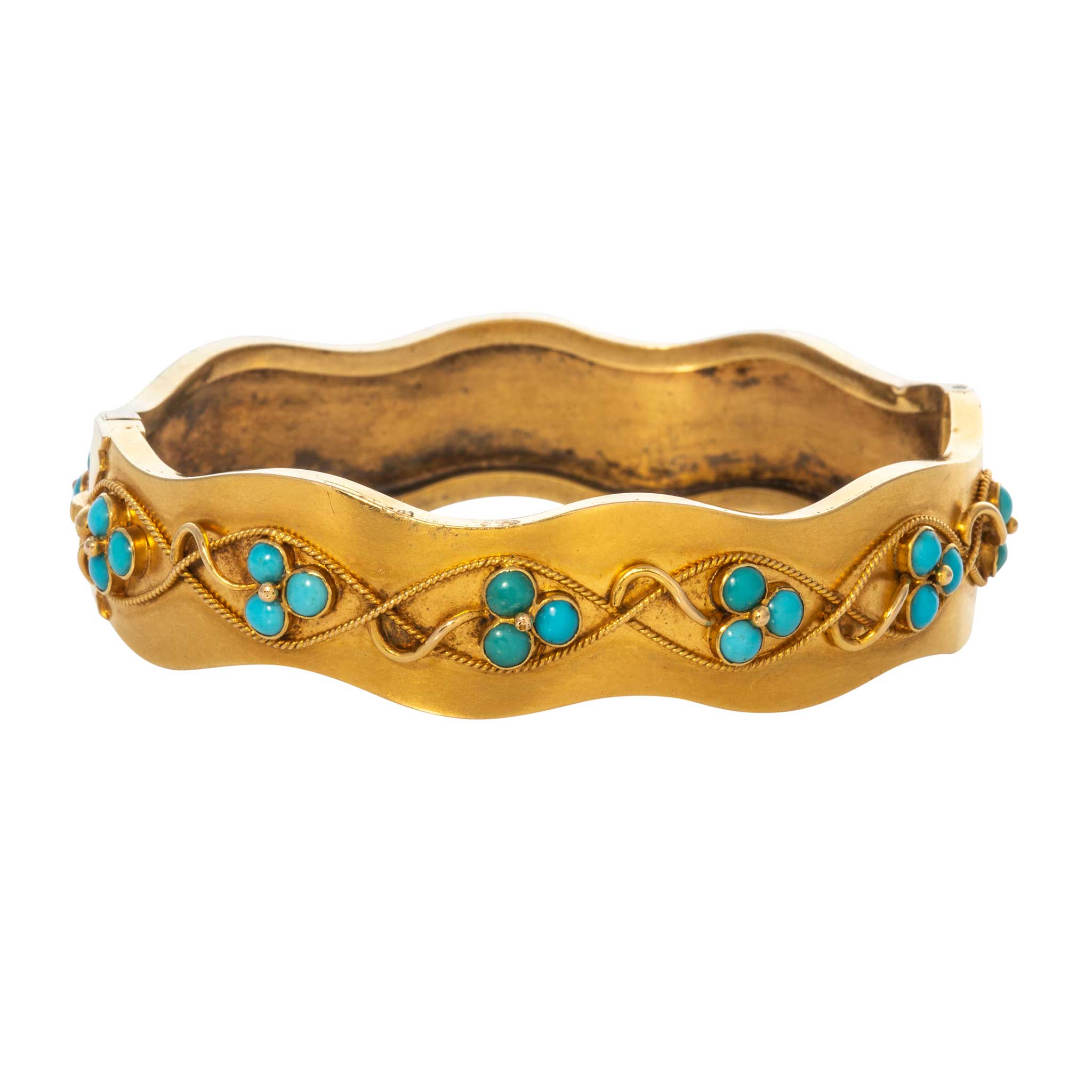 Victorian Style Turquoise Clover 14K Yellow Gold Wavy Bangle Bracelet - Elegant Jewelry for Women, Perfect Gift for Birthday, Anniversary & Special Occasions