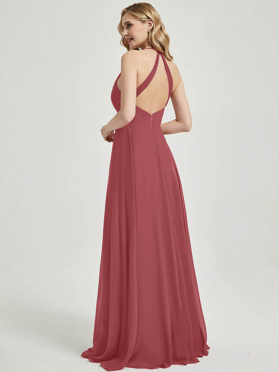 Elegant Pleated Chiffon Bridesmaid Dress - Desert Rose Halter V-Neck Backless Design for Weddings & Formal Events