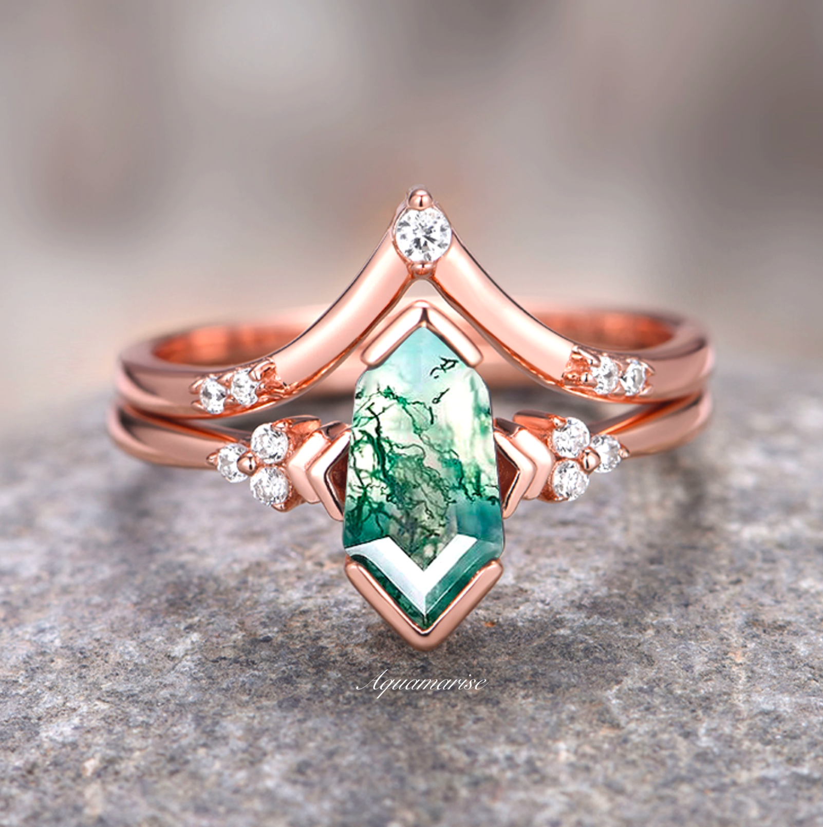 14K Rose Gold Vermeil Green Moss Agate Ring Set for Women - Elegant Nature-Inspired Jewelry for Everyday Wear, Gift Giving & Special Occasions