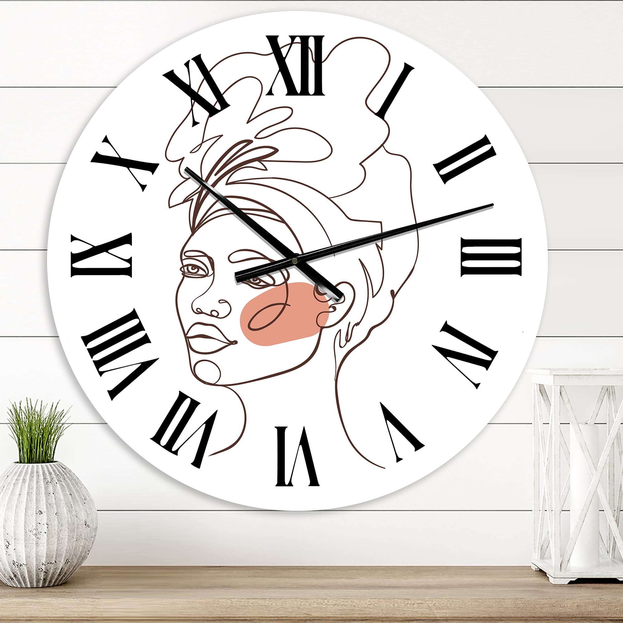 Abstract One Line Portrait African American Woman Wall Clock - Modern Large Fractal Art Decor for Kitchen, Living Room & Office | Unique Home & Gift Idea