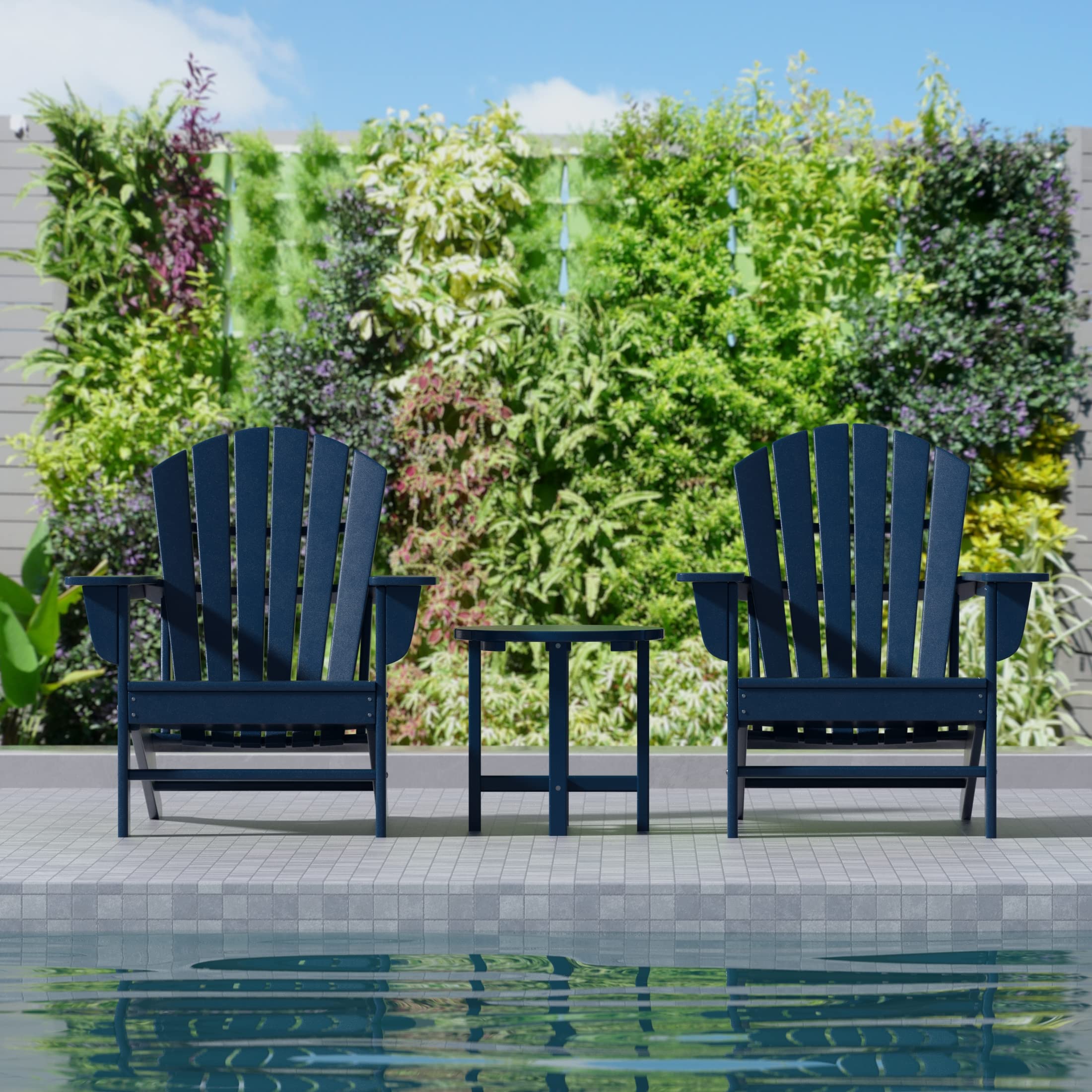 2-Piece WO Home Outdoor Adirondack Chair Set with Side Table - Weather-Resistant Poly Lumber Traditional Retro Lounger for Beach, Patio, Garden & Backyard - Navy Blue - Perfect for Relaxing Outdoors