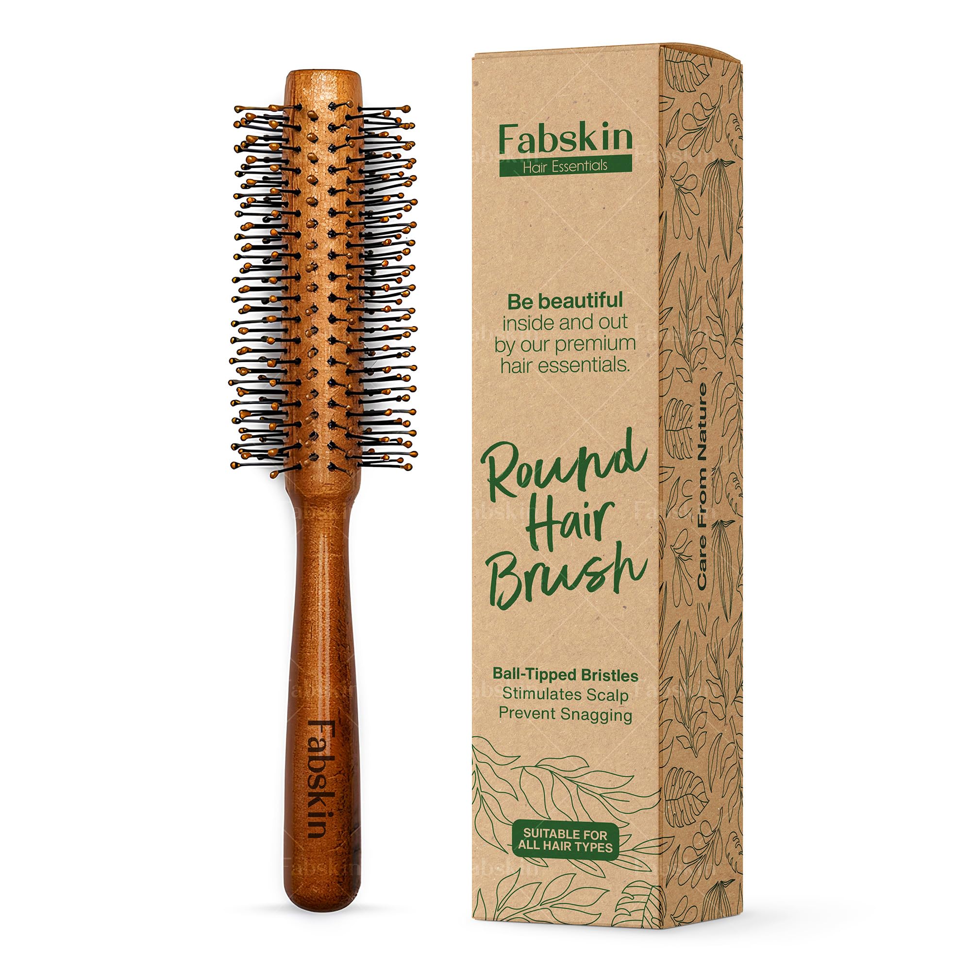 Fabskin Wooden Round Hair Brush for Men & Women - Volumizing, Curling, Straightening & Blowout Styling Tool with Scalp Massage | Perfect for Salon-Quality Waves, Volume & Quick Drying at Home or On-the-Go