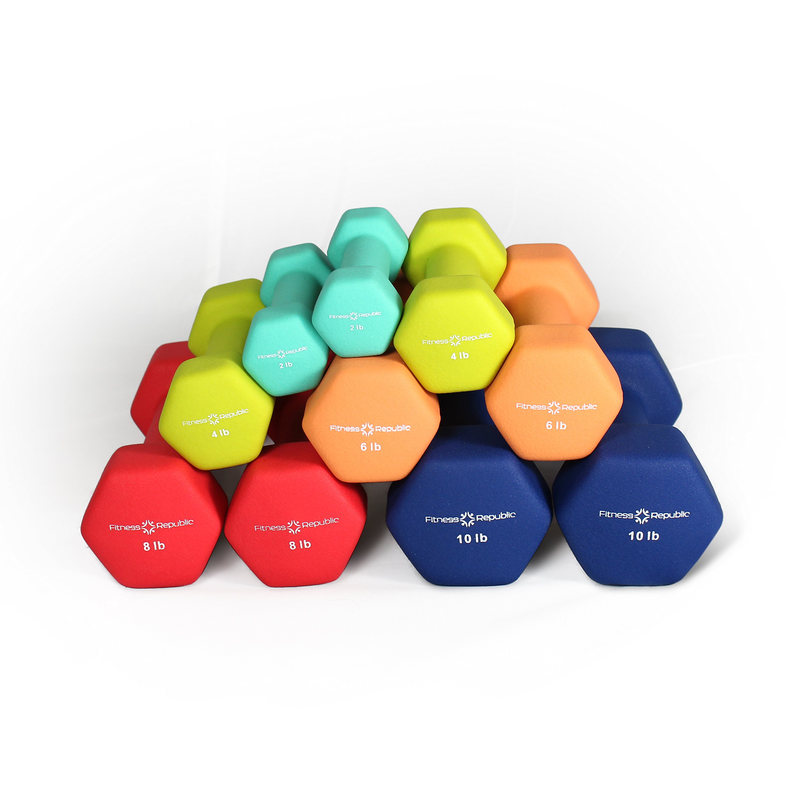 Fitness Republic Neoprene Dumbbell Set - 5-Piece Hexagonal Non-Slip Hand Weights (2lb,4lb,6lb,8lb,10lb) for Women's Strength Training, Home Gym & Workout Accessories | Perfect for Yoga, Pilates, HIIT & Home Fitness Routines