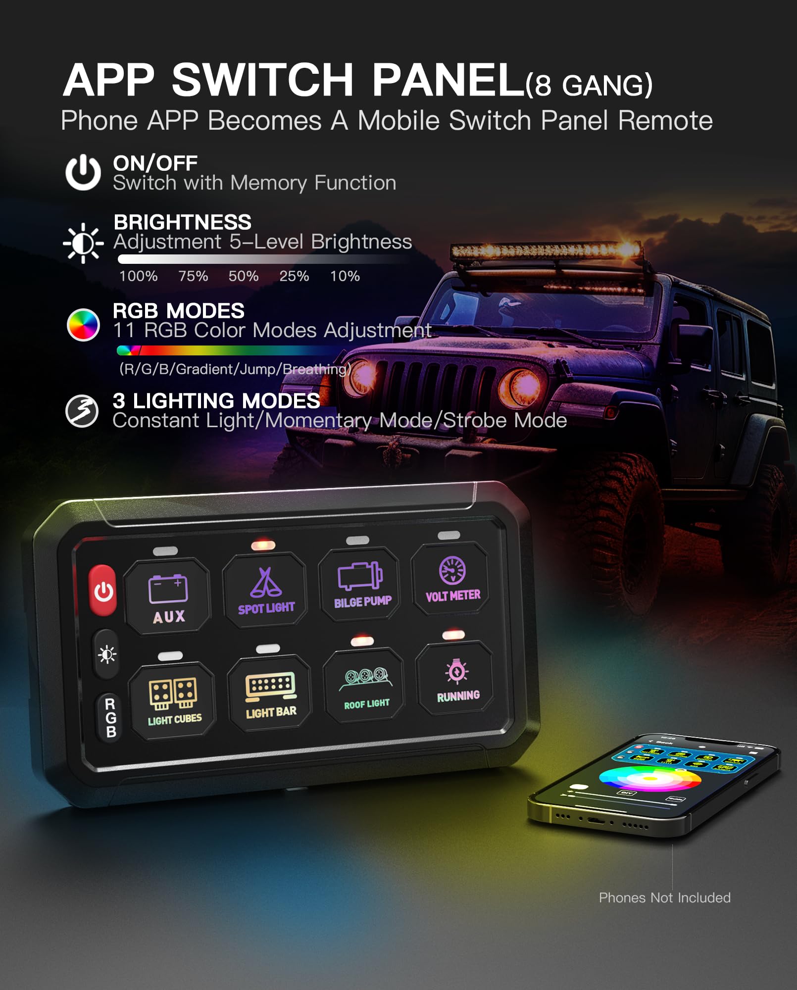 RGB 8 Gang Switch Panel - Waterproof Marine & Offroad Light Control Box with Wireless App for 12V/24V Vehicles (Car, Truck, Jeep, SUV, Boat) | Perfect for Off-Roading, Marine Lighting & Vehicle Customization | Ideal for Night Driving, Camping, Boat Parties & Outdoor Adventures
