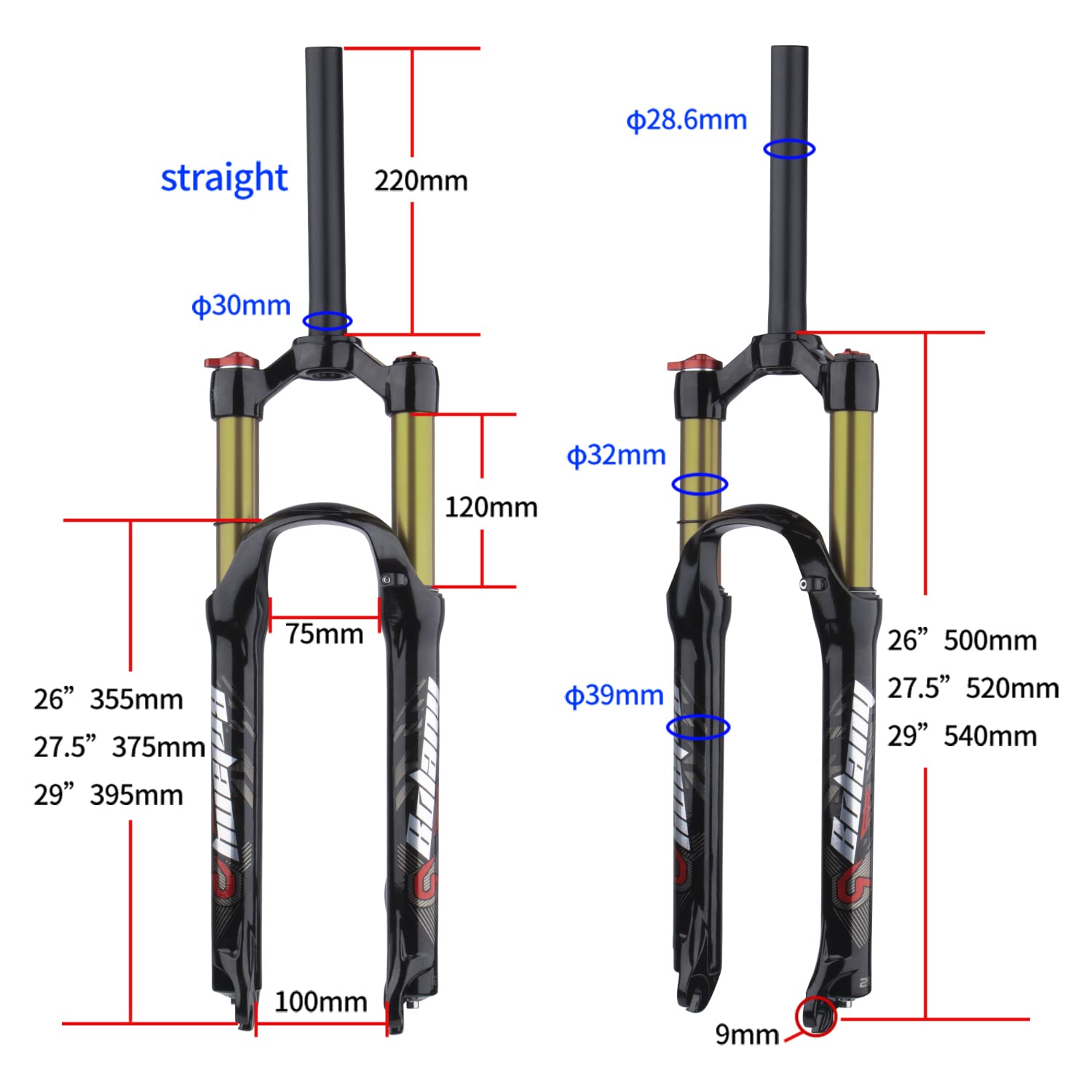 BOLANY 26/27.5/29 Inch MTB Air Suspension Fork - 120mm Travel, Rebound Adjust, 1/8 Straight/Tapered Tube, Manual/Remote Lockout, QR 9mm Front Fork for Mountain Biking & Trail Riding
