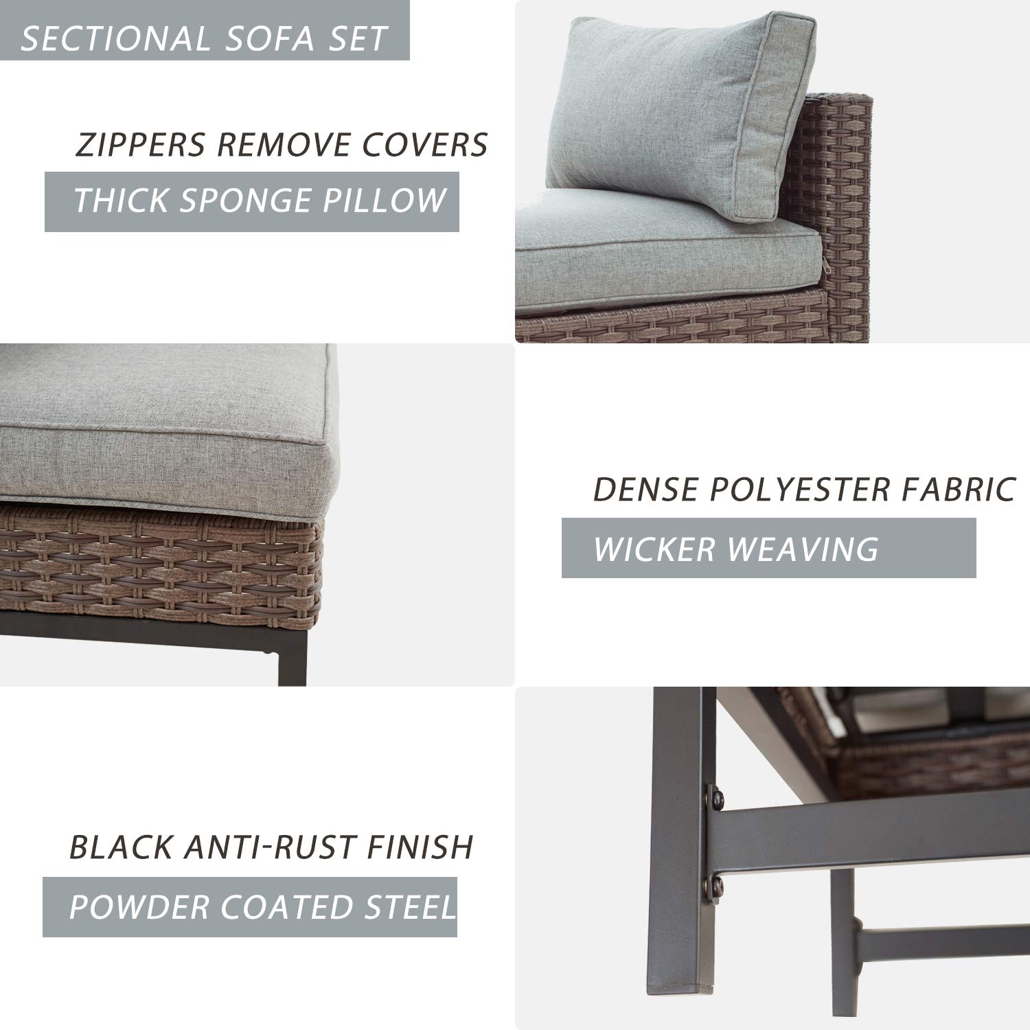 7-Piece Patio Outdoor Furniture Set - Wicker Sectional Sofa with Chairs, Ottoman, Coffee Table & Soft Cushions (Grey) - Perfect for Garden, Poolside & Backyard Relaxation