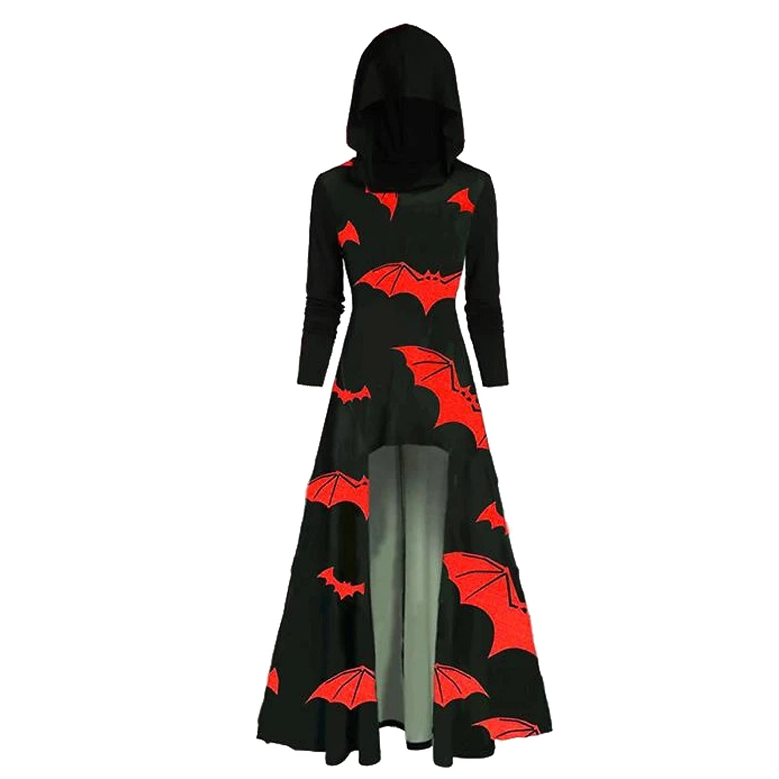 Vintage Bat Printed Hooded Dress for Women - Long Sleeve Halloween Costume Ankle-Length Wrap Dress | Perfect for Halloween Parties, Cosplay & Gothic Fashion