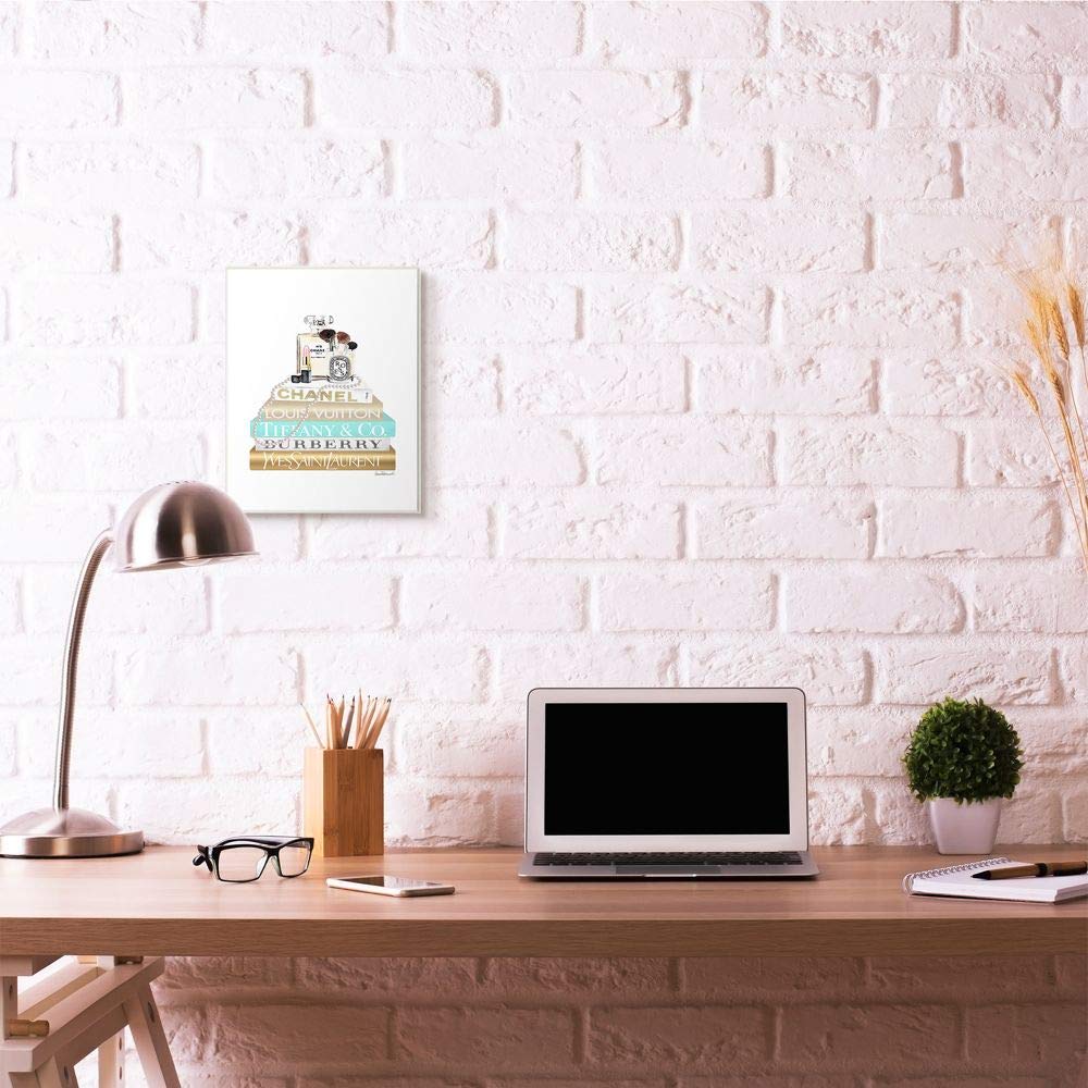 Stupell Industries Gold & Blue Perfume Bookstack Glam Fashion Wall Art Plaque - 10x15 Inches, Designed by Amanda Greenwood - Perfect for Bedroom, Living Room & Office Decor