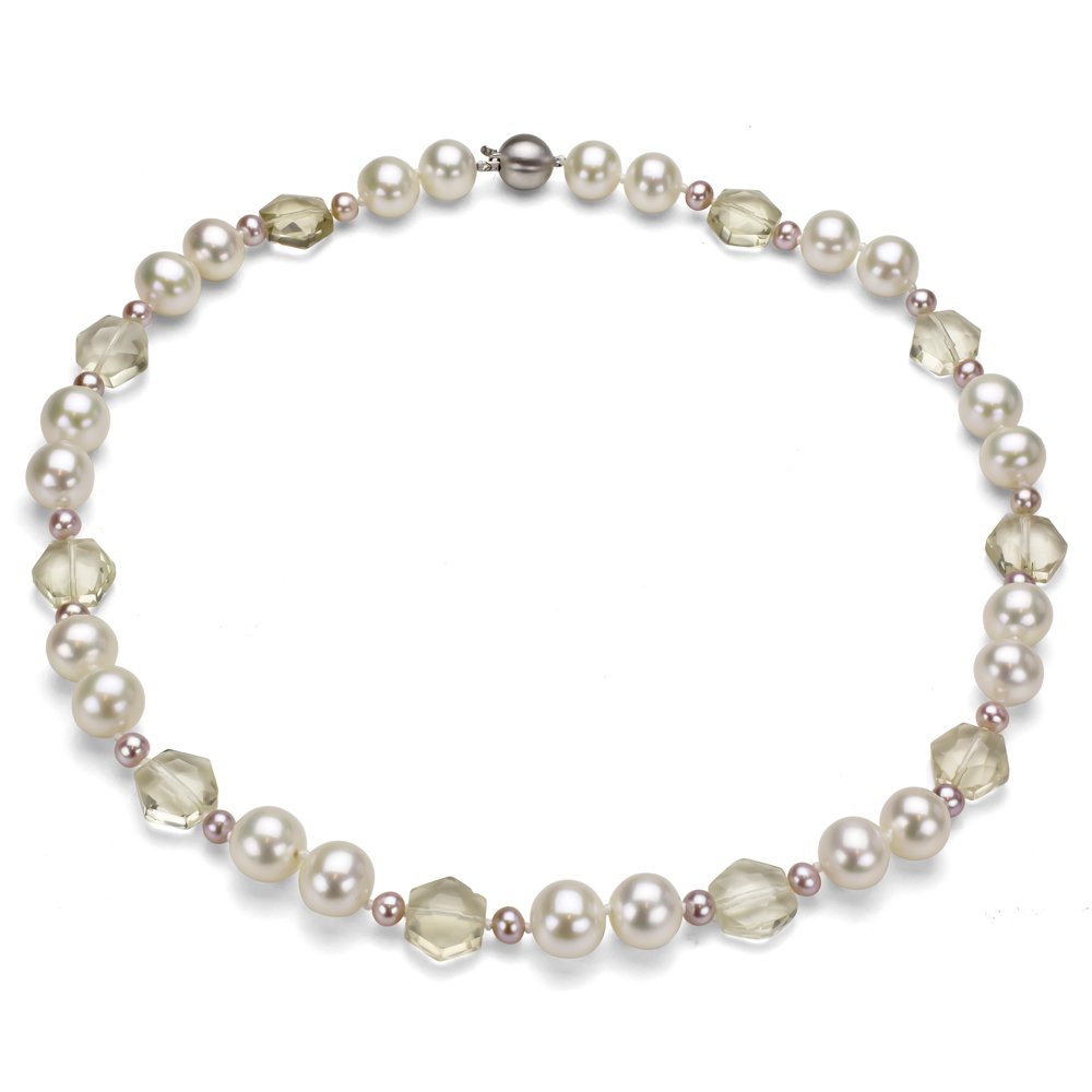 14KW Gold 10mm White & 4mm Pink Freshwater Cultured Pearl Necklace with Simulated Lemon Quartz - 18