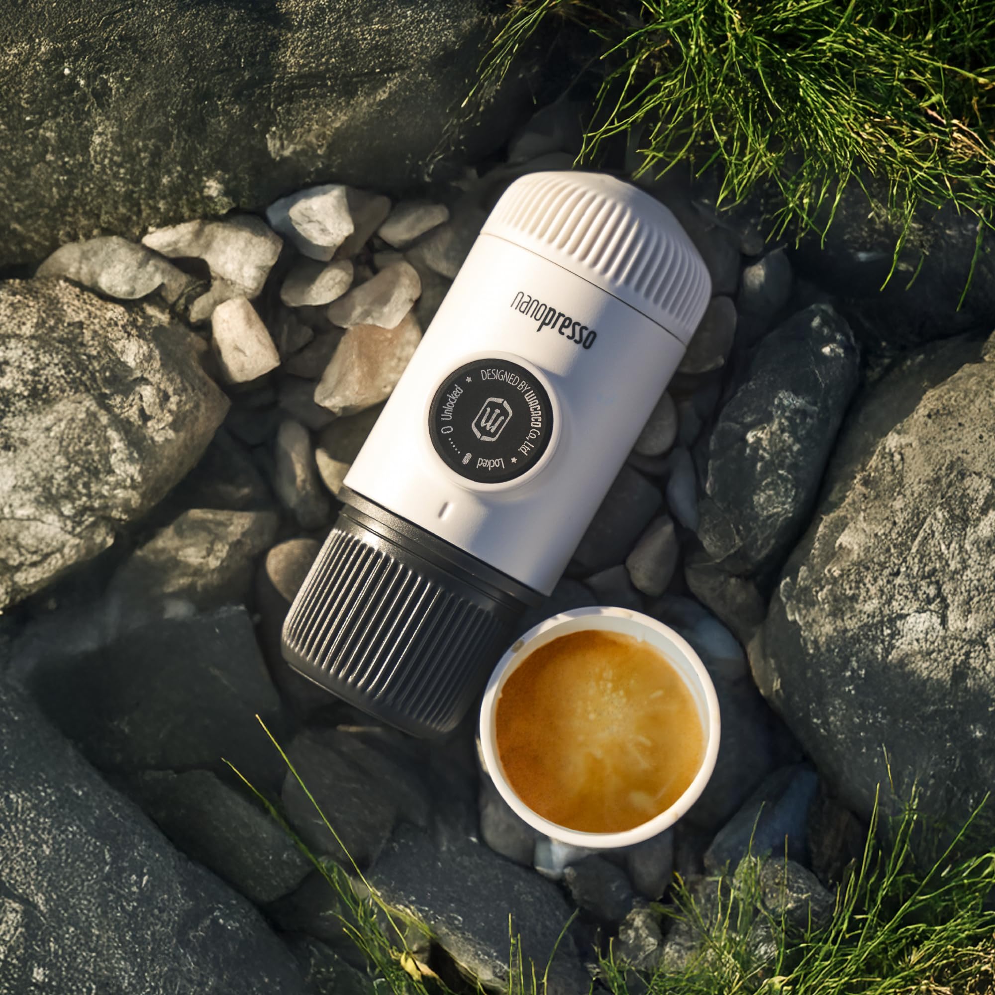 WACACO Nanopresso Portable Espresso Maker with Protective Case - Compact Travel Coffee Machine for Camping, Hiking, Office & Home Use | Upgrade Version in Elements Chill White | Perfect Gift for Coffee Lovers