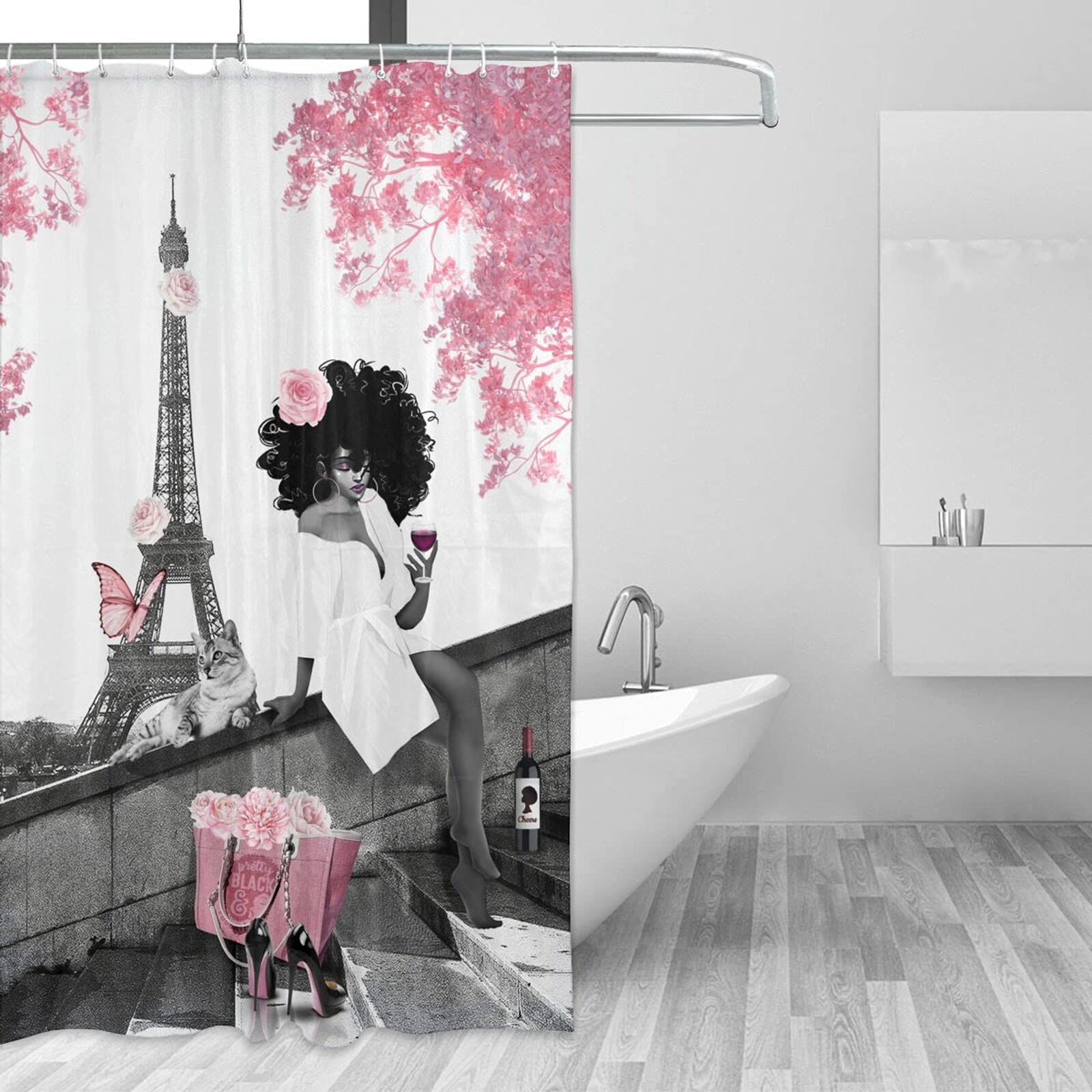 African American Shower Curtain - Stylish Black Woman & Eiffel Tower Design, Grey & Pink Waterproof Polyester Fabric Bath Curtain with Hooks, 66x72 Inches - Perfect for Modern Bathroom Decor & African American Home Aesthetics