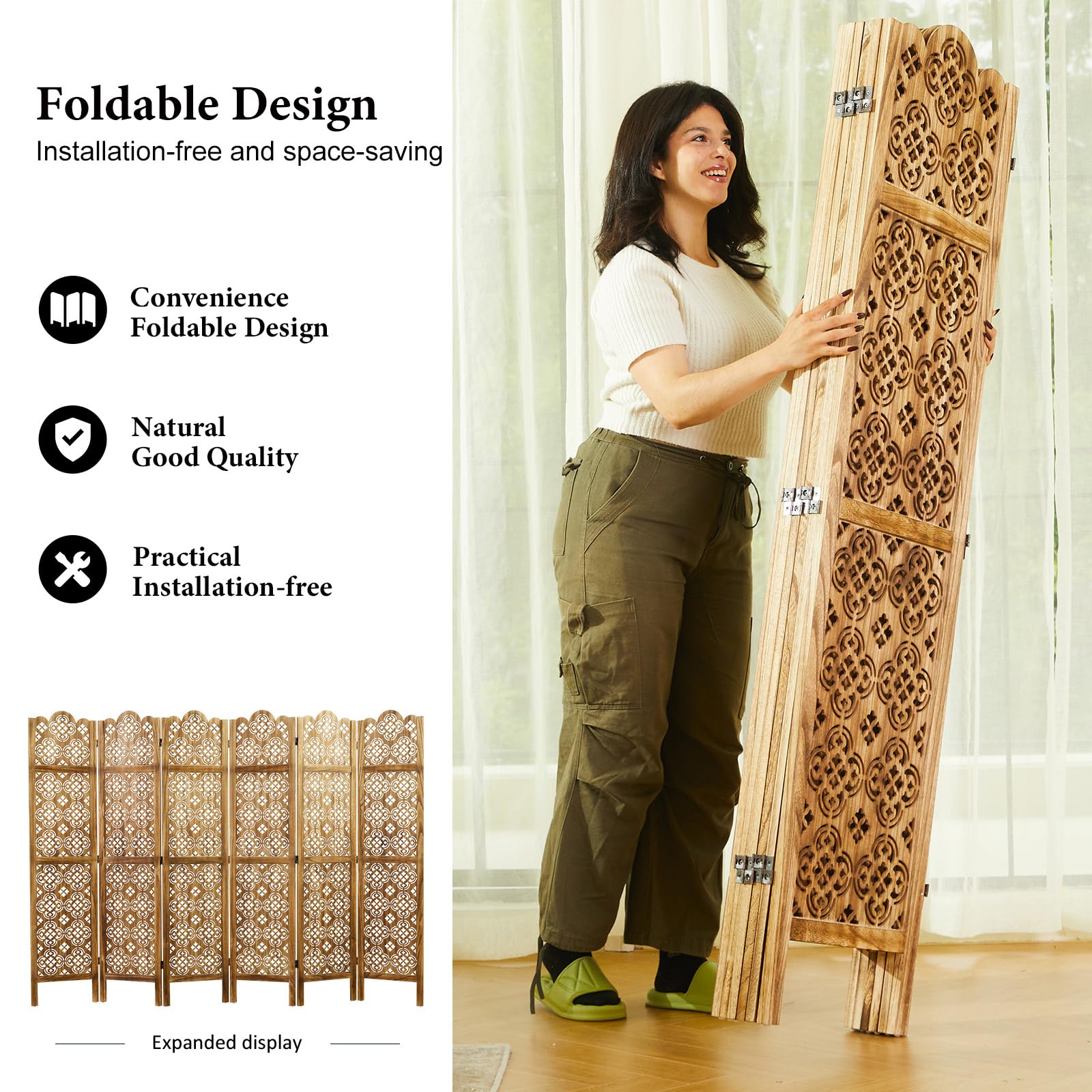 5.75Ft Wooden Room Divider - Hand Carved Folding Partition Screen for Home, Office, Garden & Terrace - 6 Panel Portable Privacy Screen (Antique Brown) | Perfect for Creating Private Spaces, Home Decor, and Room Separation