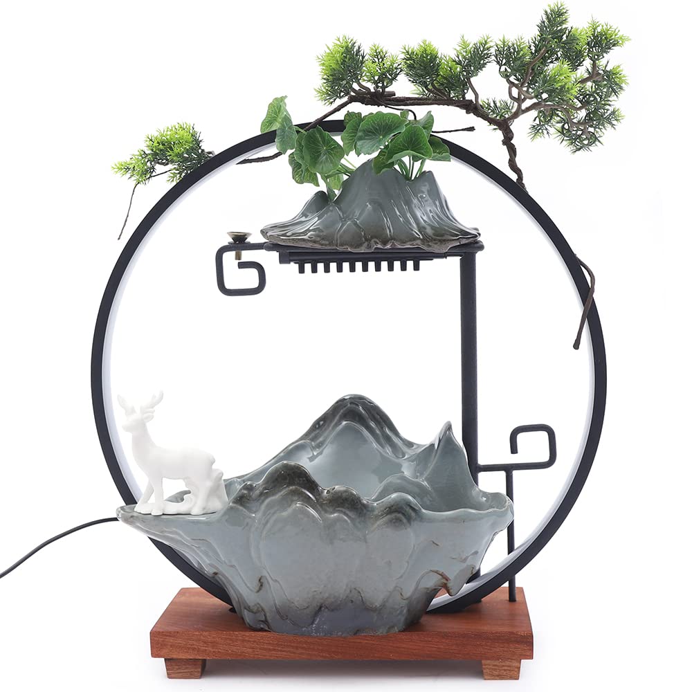 Indoor Water Fountain with LED Light - Tabletop Waterfall Rockery for Office & Home Decor | Relaxing Zen Fountain for Stress Relief & Meditation Space