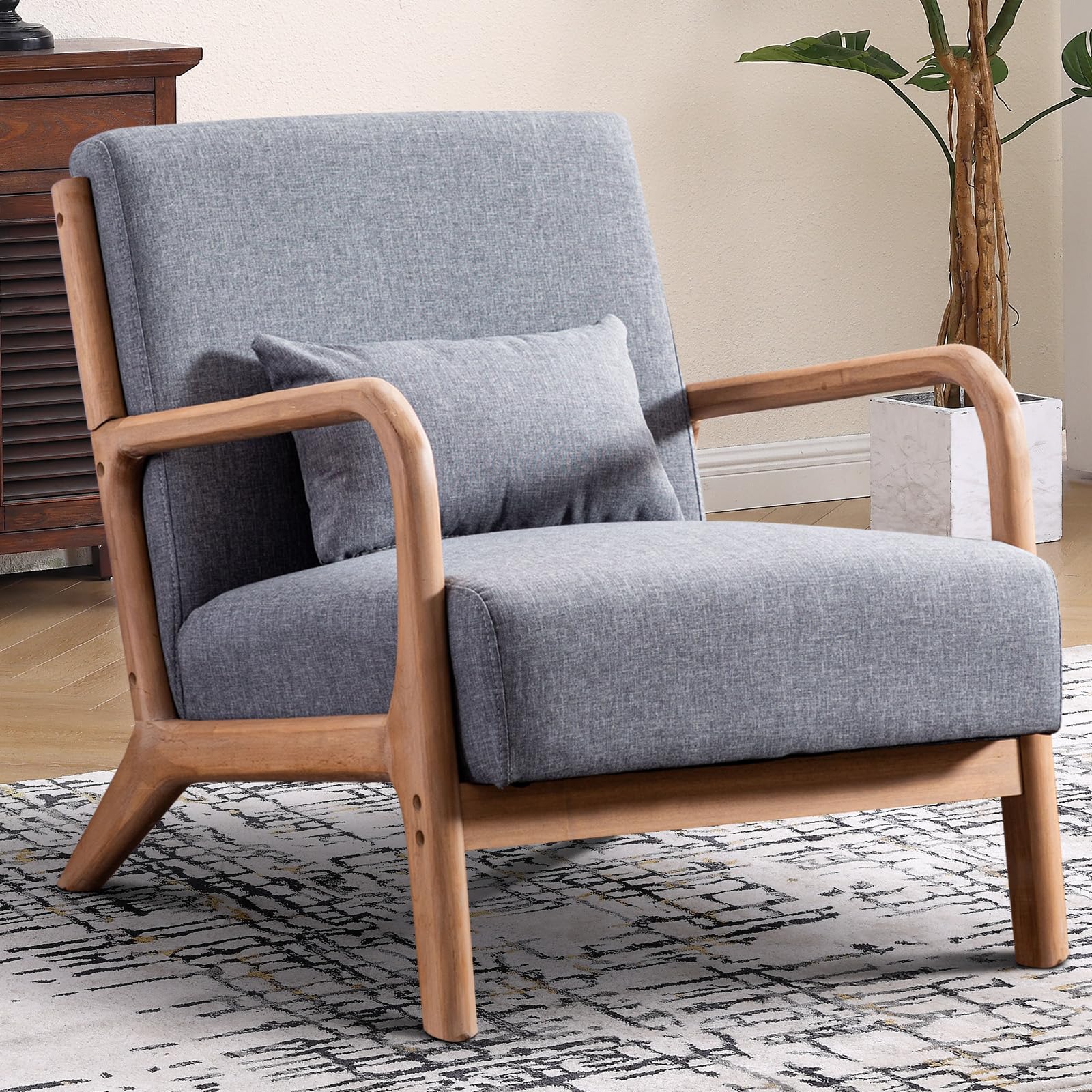 Mid Century Modern Accent Chair - Grey Linen Upholstered Living Room Chair with Solid Wood Frame & Lumbar Pillow - Comfortable Reading Side Chair for Bedroom, Office or Lounge - Easy Assembly Home Decor Furniture