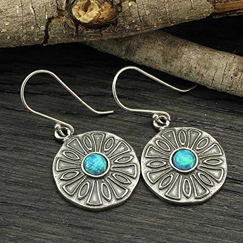 Vintage Style 925 Sterling Silver Round Blue Fire Opal Dangle Earrings for Women, Elegant Handmade Jewelry Gift for Party, Wedding & Evening Events